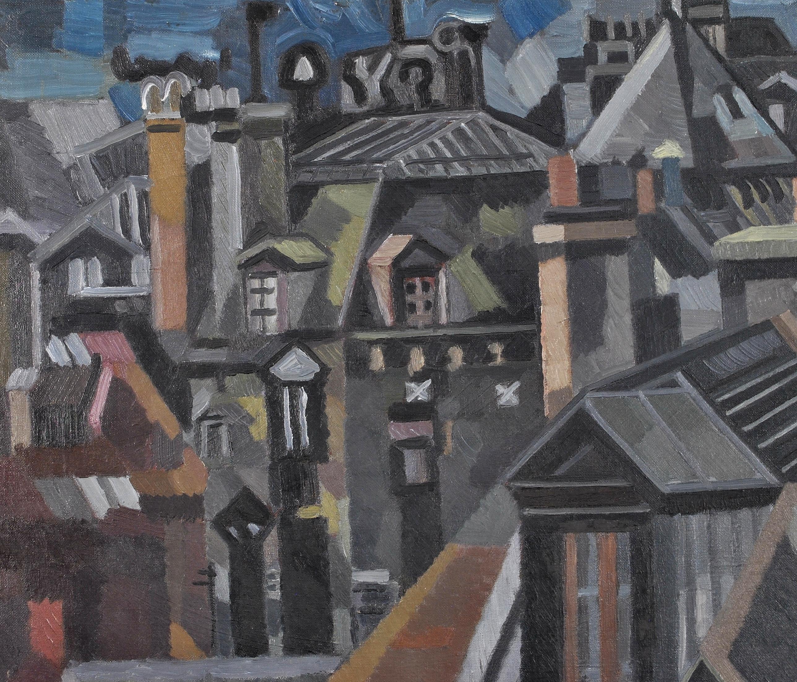 Paris Rooftops - Mid 20th Century French France Cubist Oil on Canvas Painting For Sale 2
