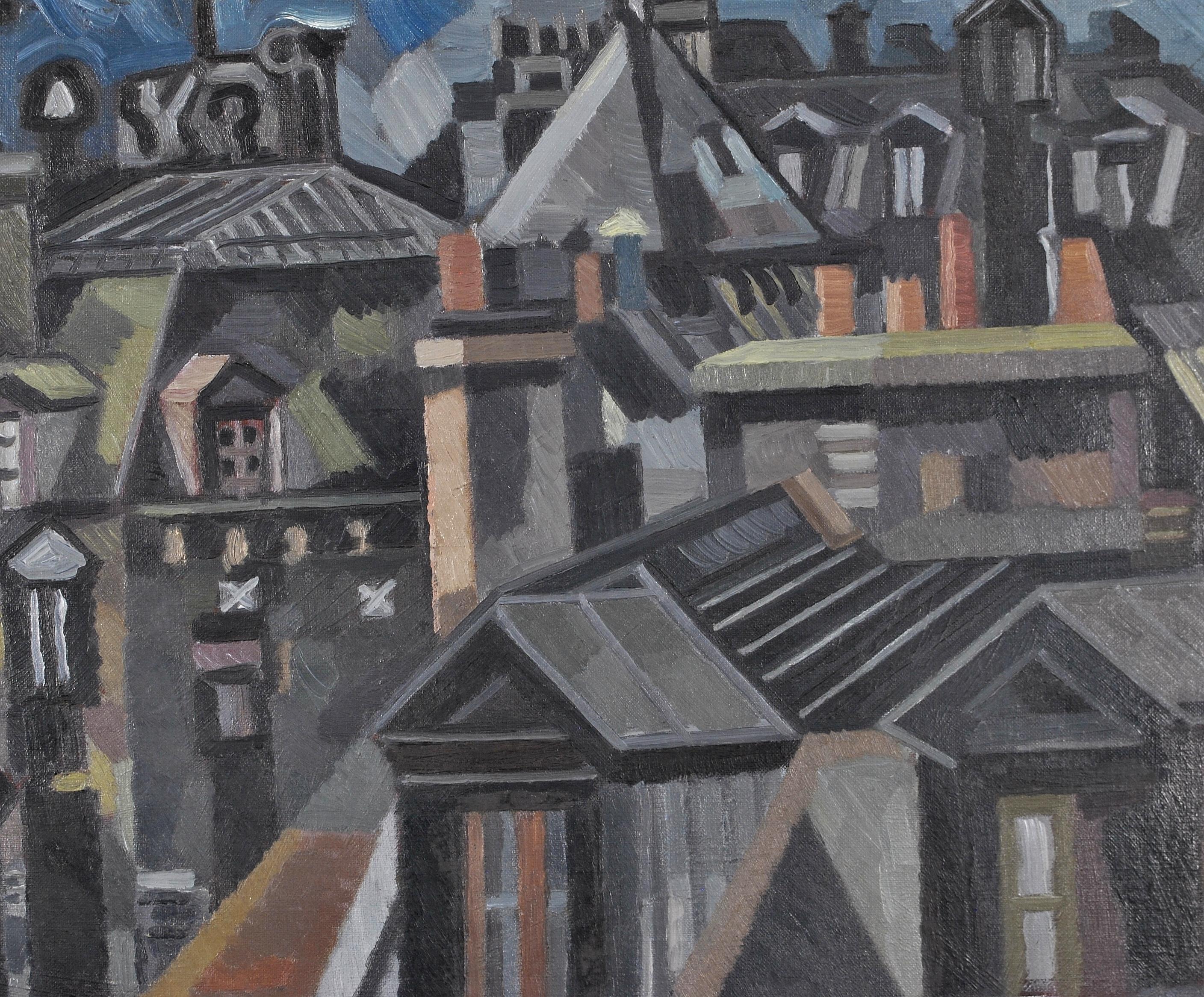 Paris Rooftops - Mid 20th Century French France Cubist Oil on Canvas Painting For Sale 3