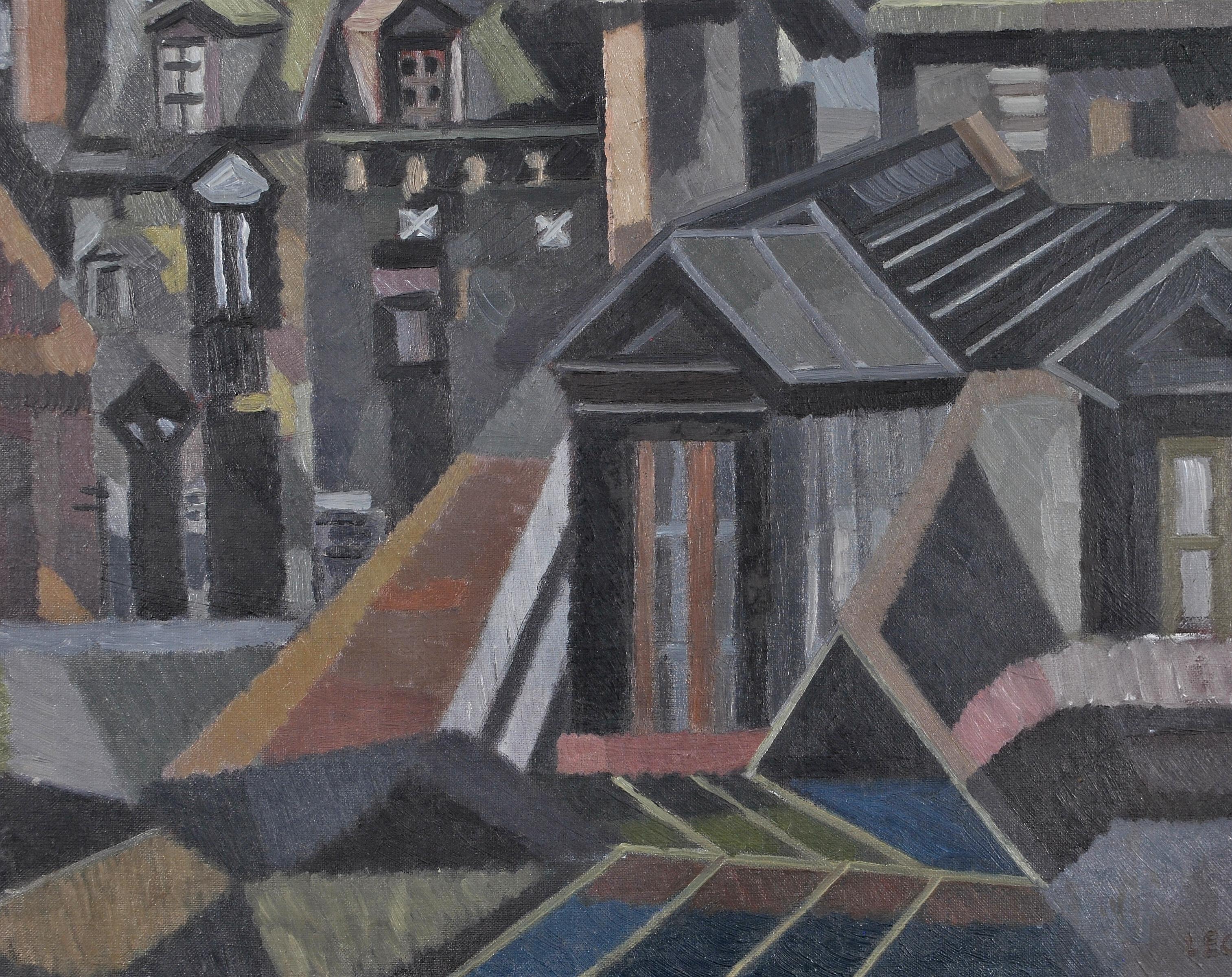 Paris Rooftops - Mid 20th Century French France Cubist Oil on Canvas Painting For Sale 4