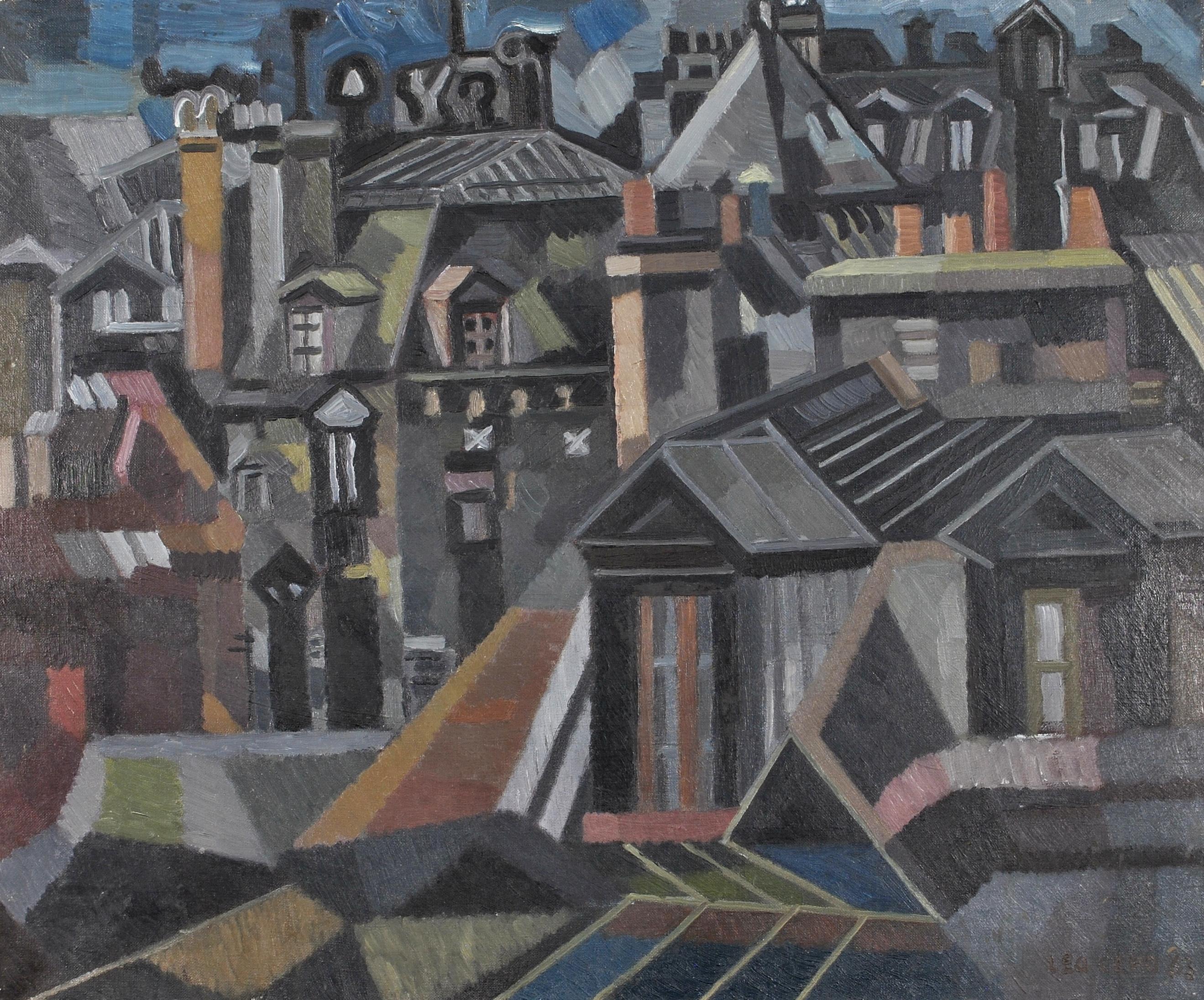 Mid 20th Century French School Landscape Painting - Paris Rooftops - Mid 20th Century French France Cubist Oil on Canvas Painting