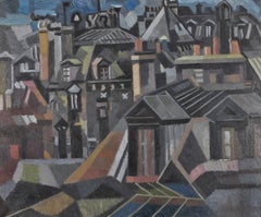 Paris Rooftops - Mid 20th Century French France Cubist Oil on Canvas Painting