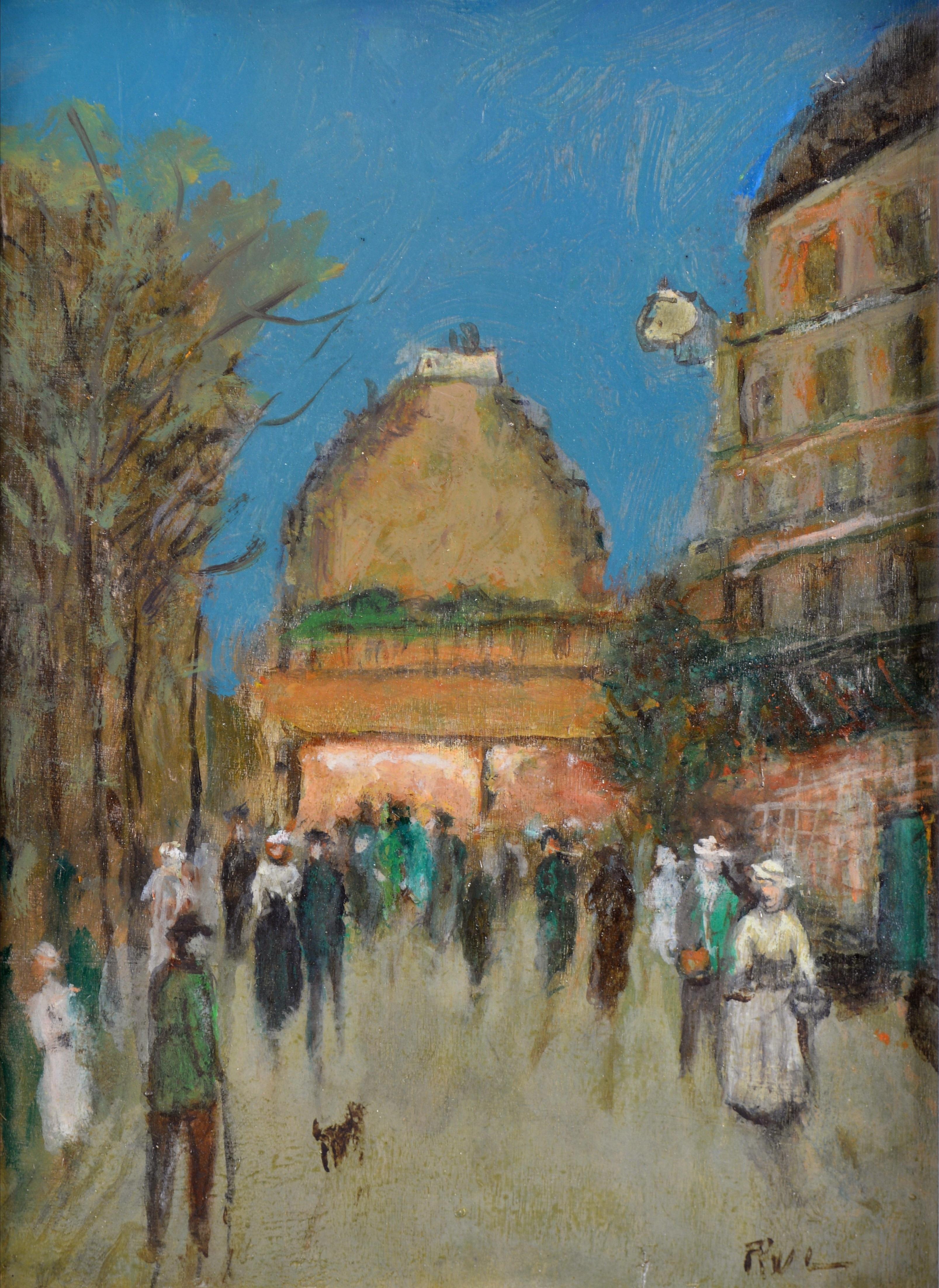A beautiful mid 20th century French post-impressionist oil on panel depicting a busy summer evening in Paris. 

Lovely quality atmospheric work which is indistinctly signed lower right and presented in it's original Montparnasse frame.

Artist: