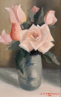 Pink Roses - Mid 20th Century French Modernist Still Life Flowers Oil Painting