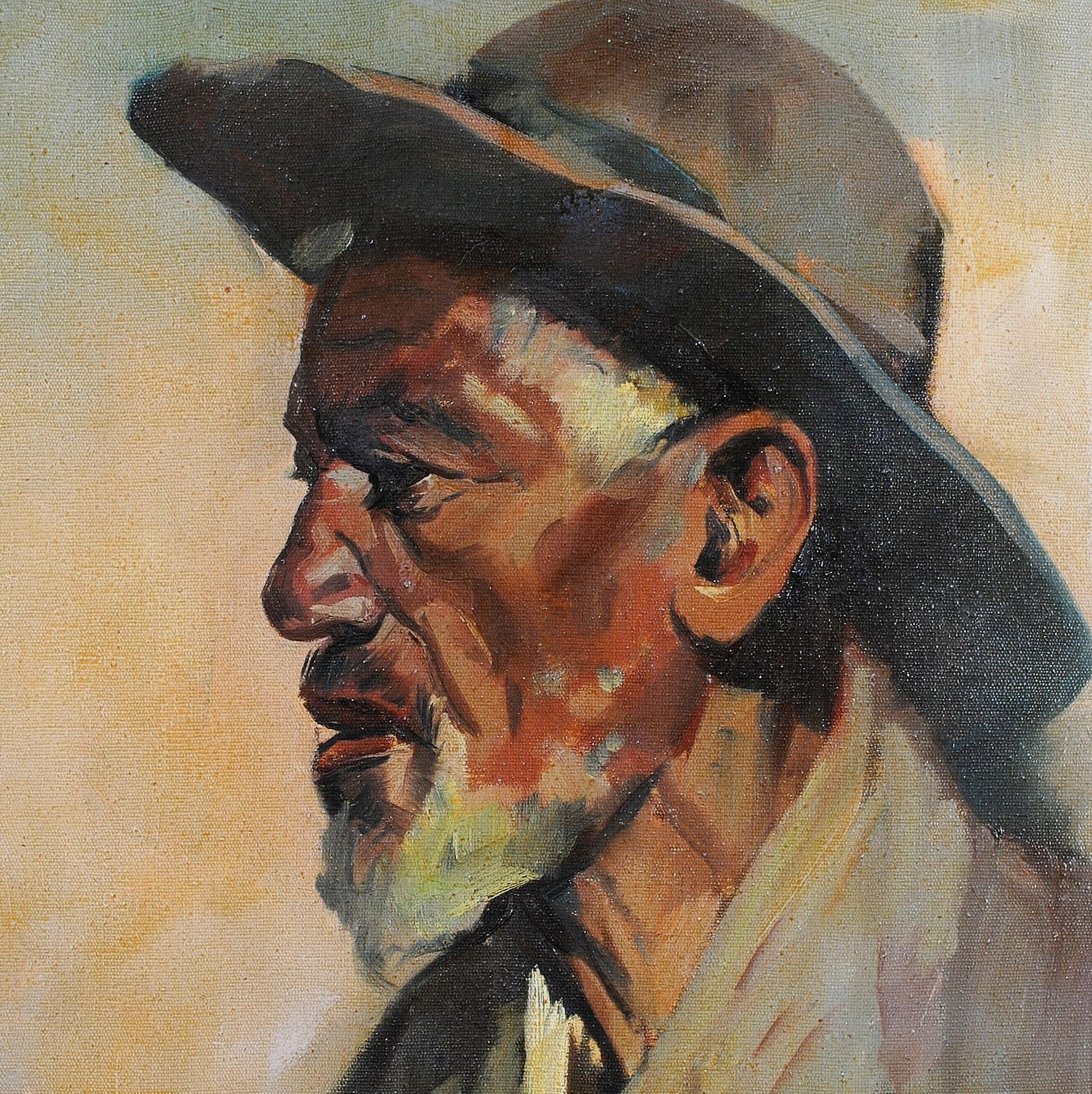 Retrato de un hombre negro - Pintura francesa al óleo sobre lienzo de mediados del siglo XX - Portrait Painting Marrón de Mid 20th Century French School