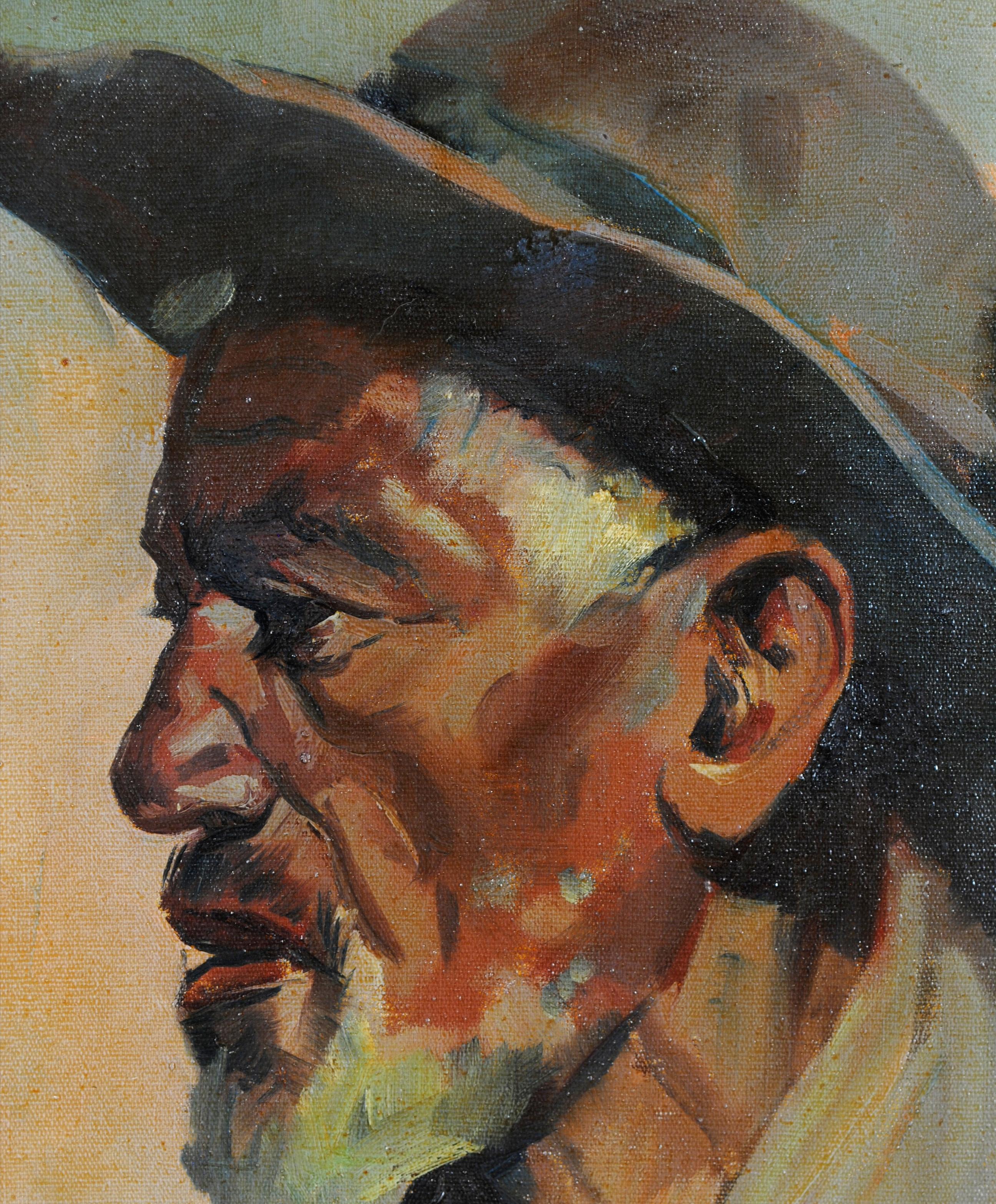Interesante retrato francés al óleo sobre lienzo de los años 60 de un hombre negro con sombrero. La obra está magníficamente pintada y en muy buen estado original. Firmado indistintamente abajo a la derecha y enmarcado.

Artista: Escuela francesa,