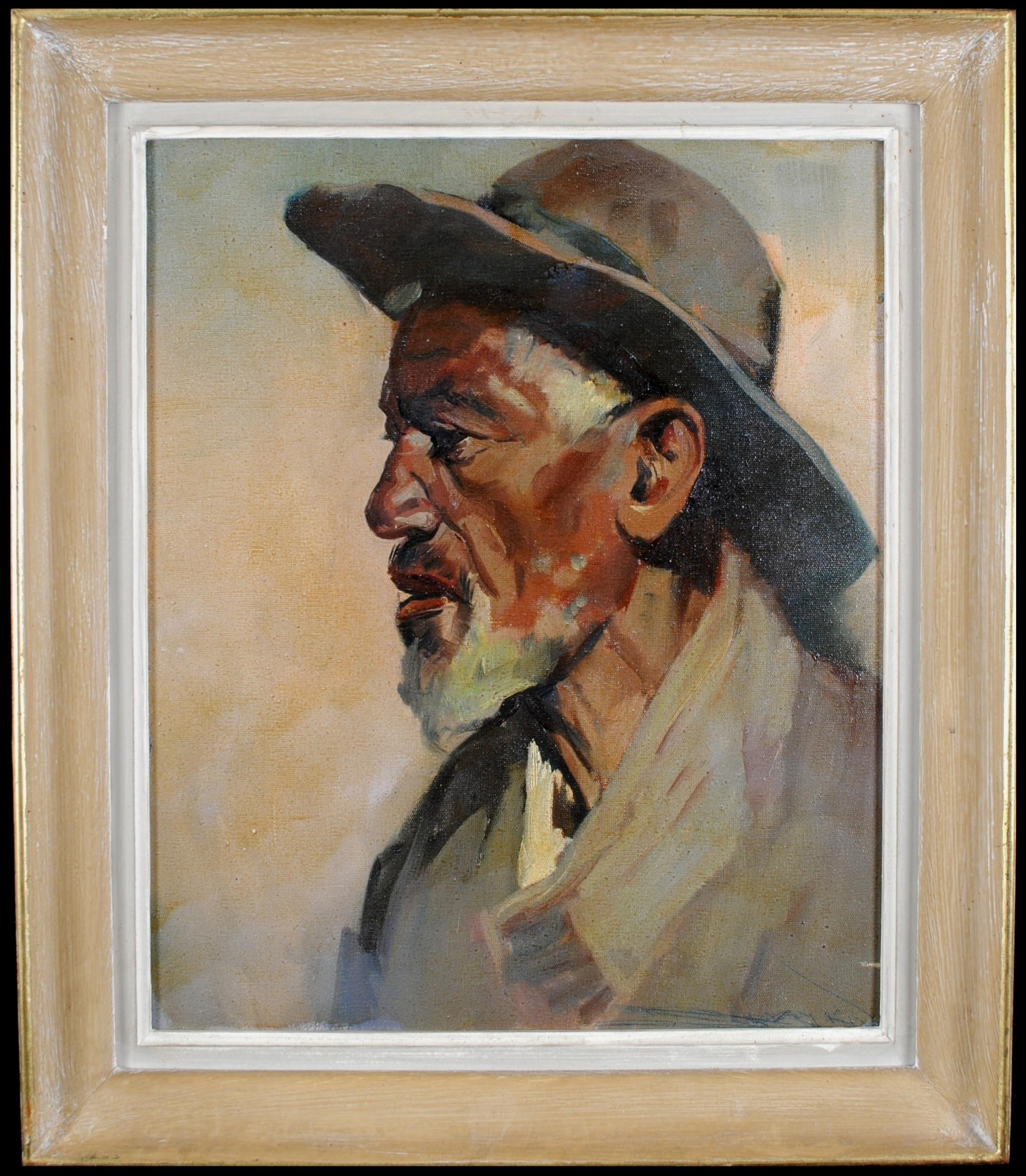 Portrait Painting de Mid 20th Century French School - Retrato de un hombre negro - Pintura francesa al óleo sobre lienzo de mediados del siglo XX