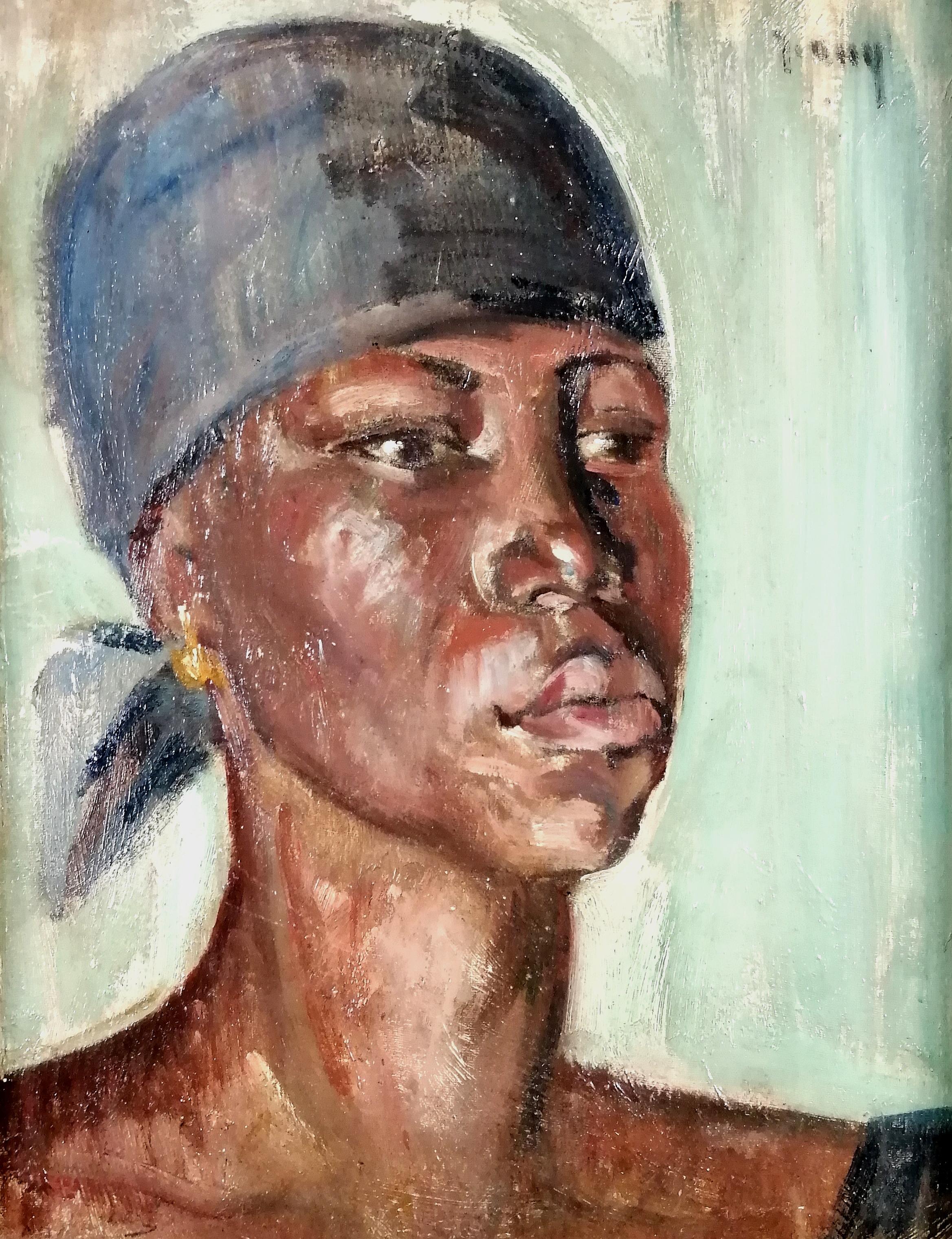 Porträt einer schwarzen Frau - Mitte des 20. Jahrhunderts Französisch Öl auf Karton Gemälde – Painting von Mid 20th Century French School
