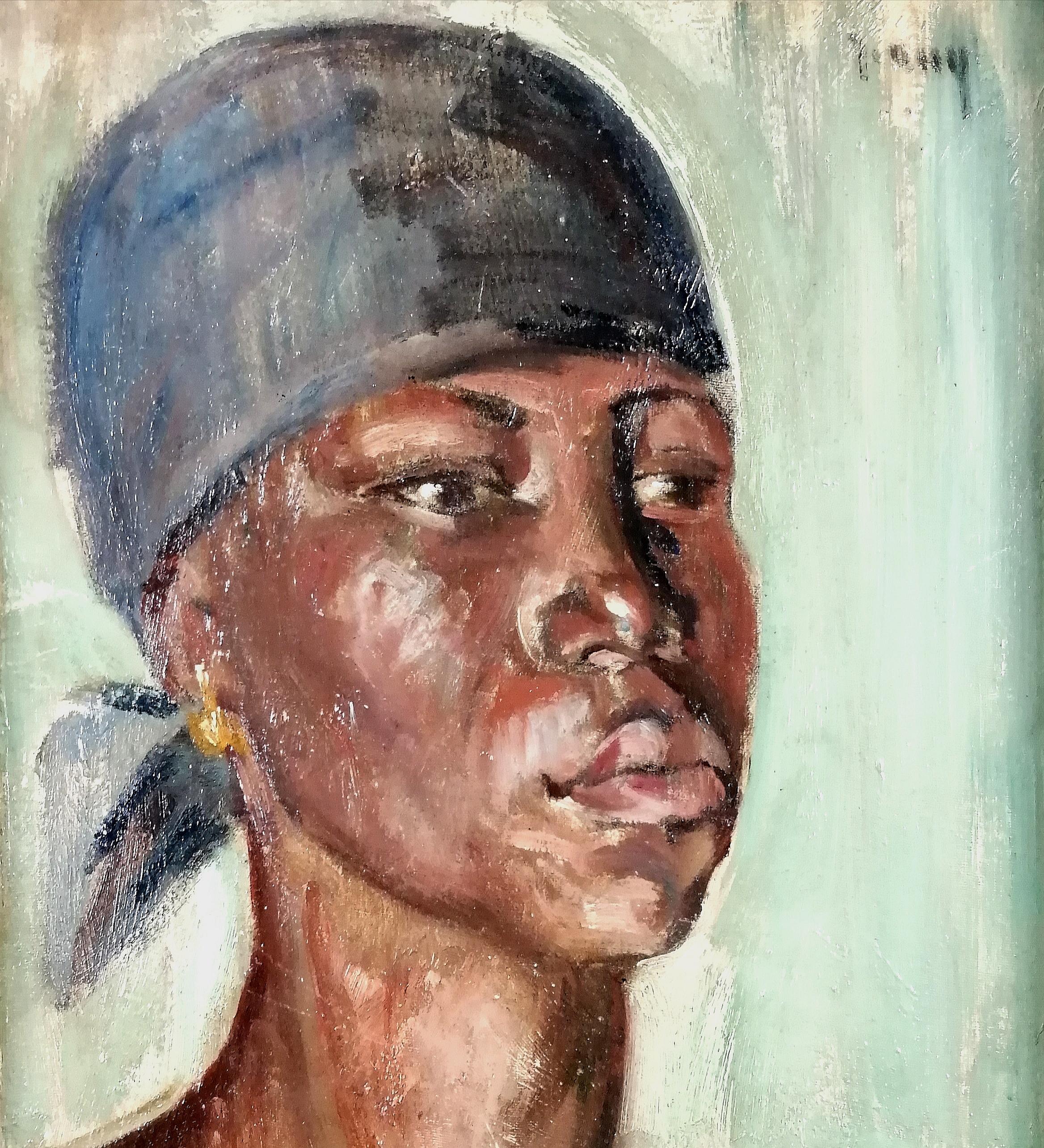 Porträt einer schwarzen Frau - Mitte des 20. Jahrhunderts Französisch Öl auf Karton Gemälde (Impressionismus), Painting, von Mid 20th Century French School