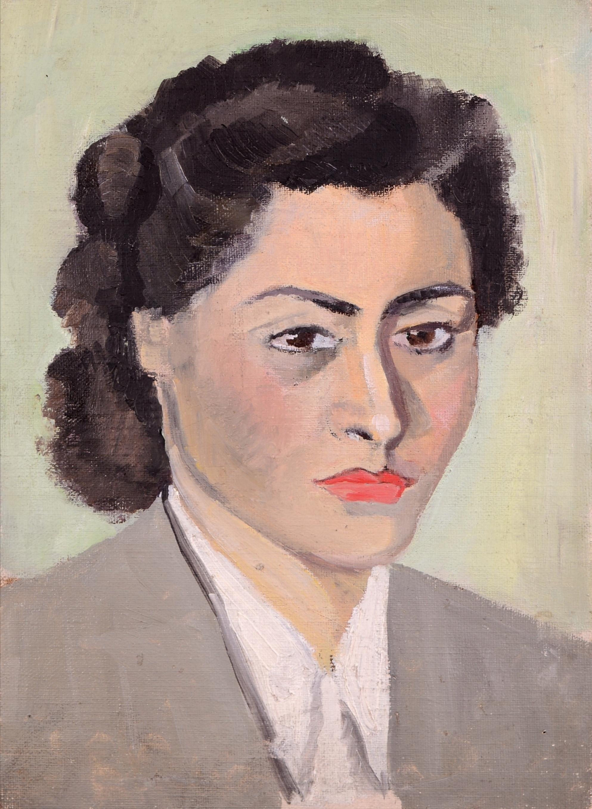 Retrato de una dama - Mediados del siglo XX Pintura modernista francesa al óleo sobre tabla - Painting de Mid 20th Century French School