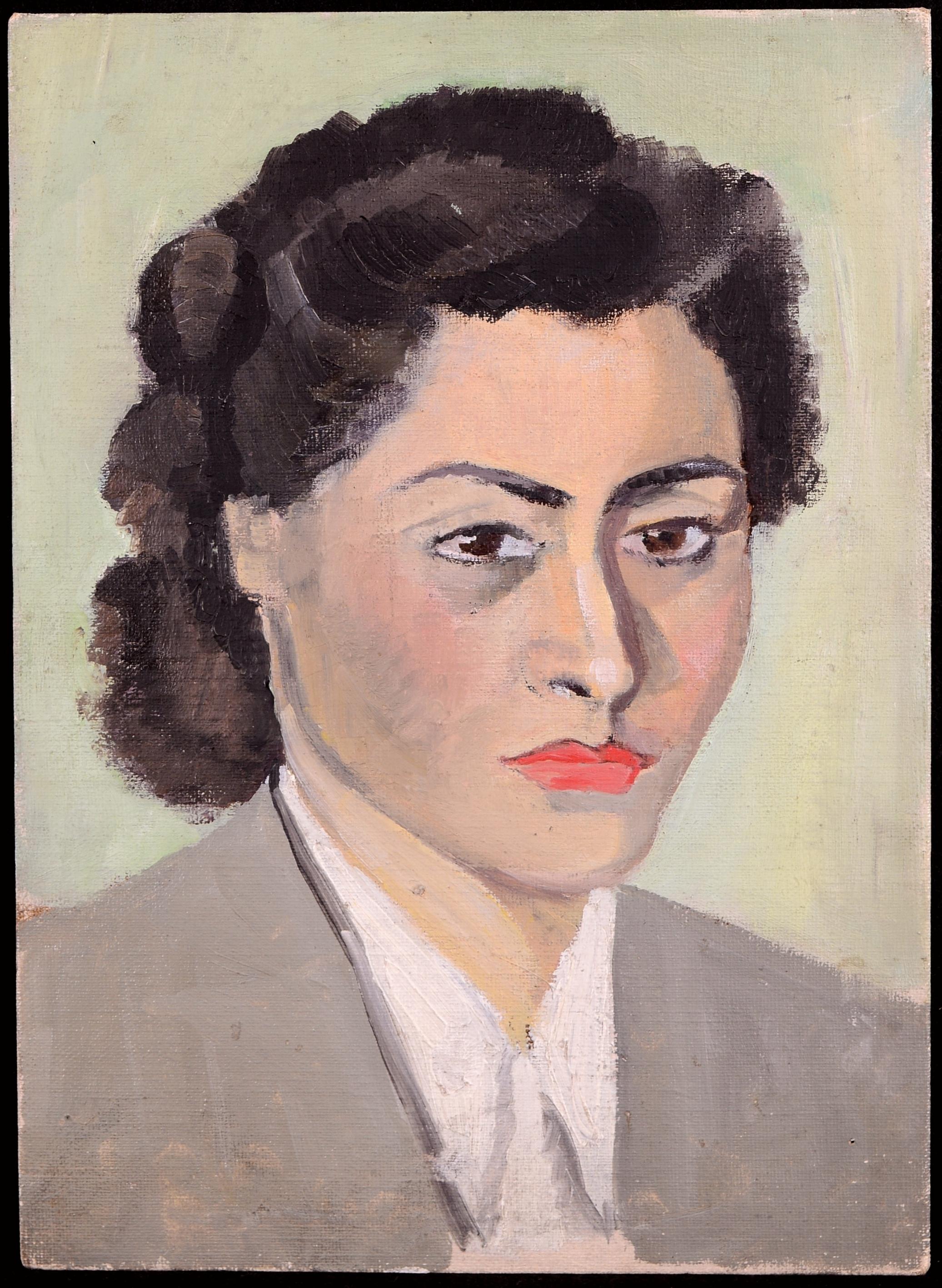 Retrato de una dama - Mediados del siglo XX Pintura modernista francesa al óleo sobre tabla