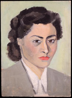 Retrato de una dama - Mediados del siglo XX Pintura modernista francesa al óleo sobre tabla