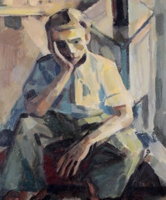 Portrait d'un jeune homme - peinture d'intérieur impressionniste française du milieu du siècle