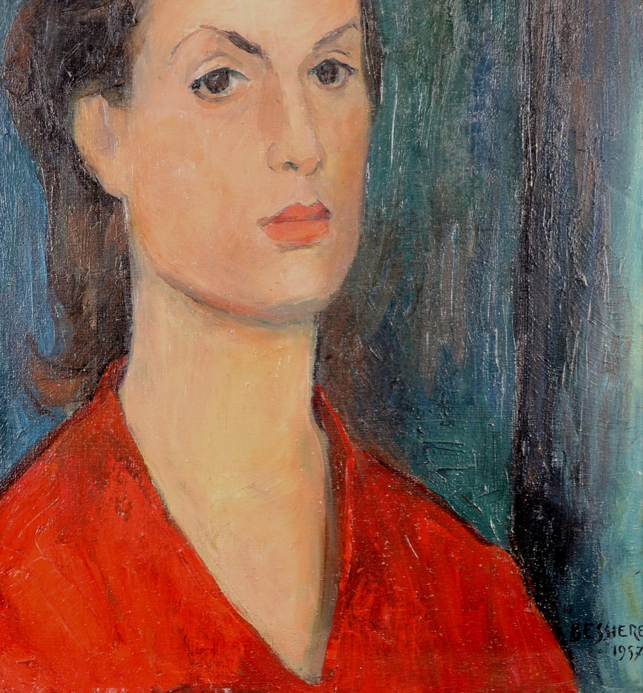 Porträt einer jungen Frau - Mitte des 20. Jahrhunderts Französisch Öl auf Leinwand Gemälde (Schwarz), Portrait Painting, von Mid 20th Century French School