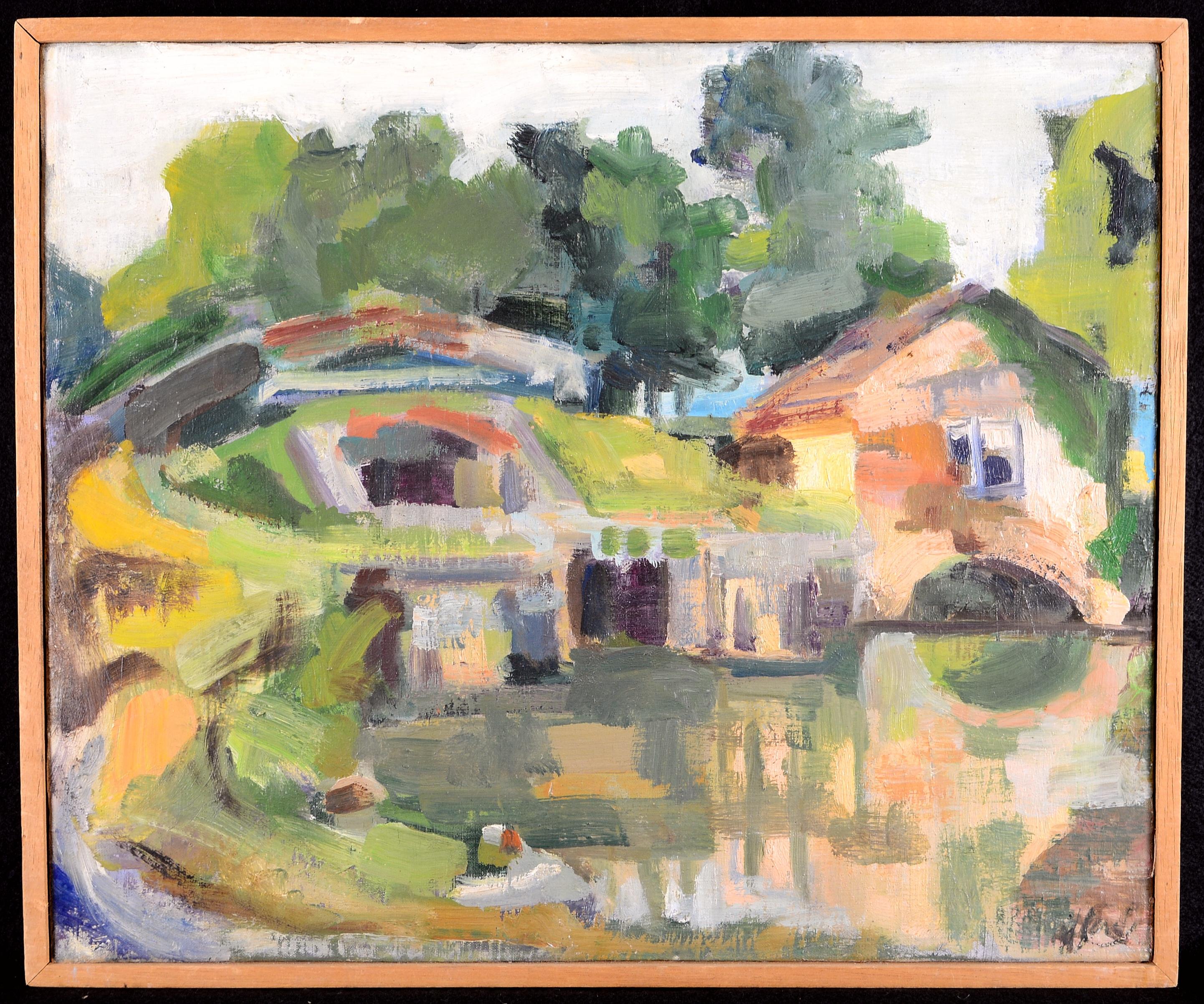 Paysage fluvial - Peinture à l'huile postimpressionniste française du milieu du XXe siècle