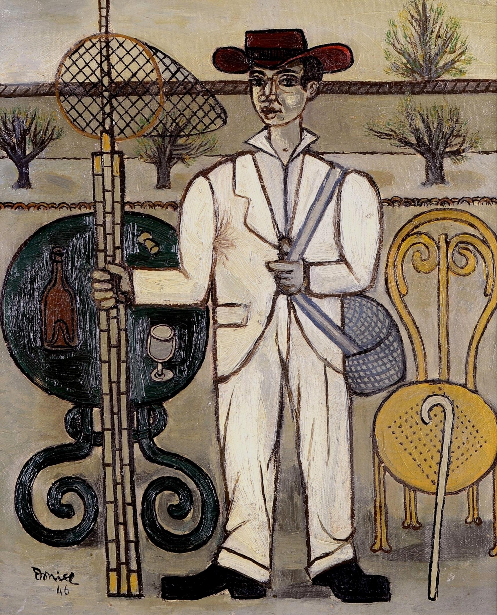 The Fisherman - Mitte des 20. Jahrhunderts Französisch Naïf Naive Portrait Ölgemälde – Painting von Mid 20th Century French School