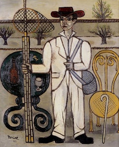 The Fisherman - Mid 20th Century French Naïf Naive Portrait Oil Painting