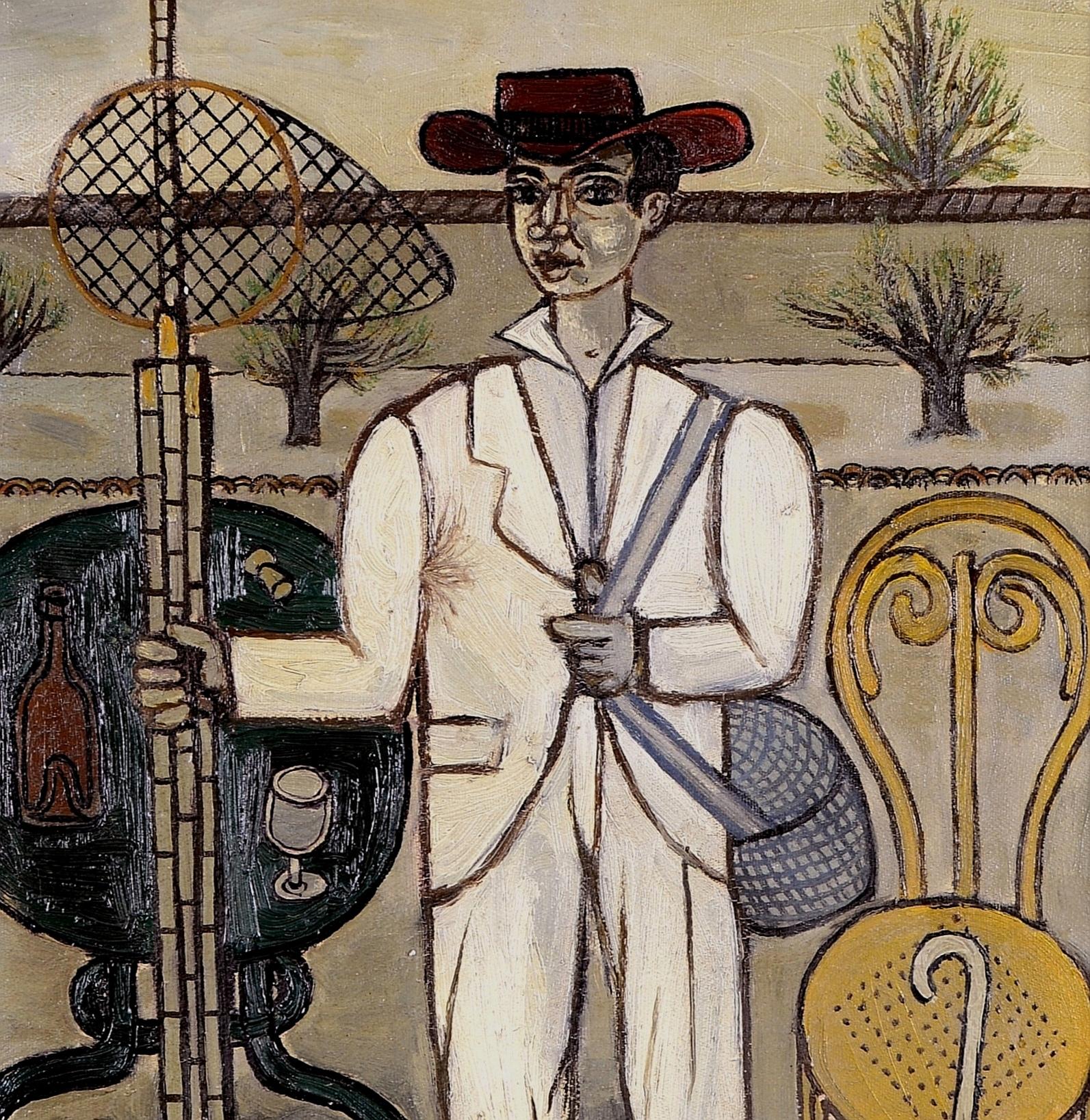 The Fisherman - Mitte des 20. Jahrhunderts Französisch Naïf Naive Portrait Ölgemälde (Braun), Portrait Painting, von Mid 20th Century French School