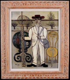 The Fisherman - Mid 20th Century French Naïf Naive Portrait Oil Painting