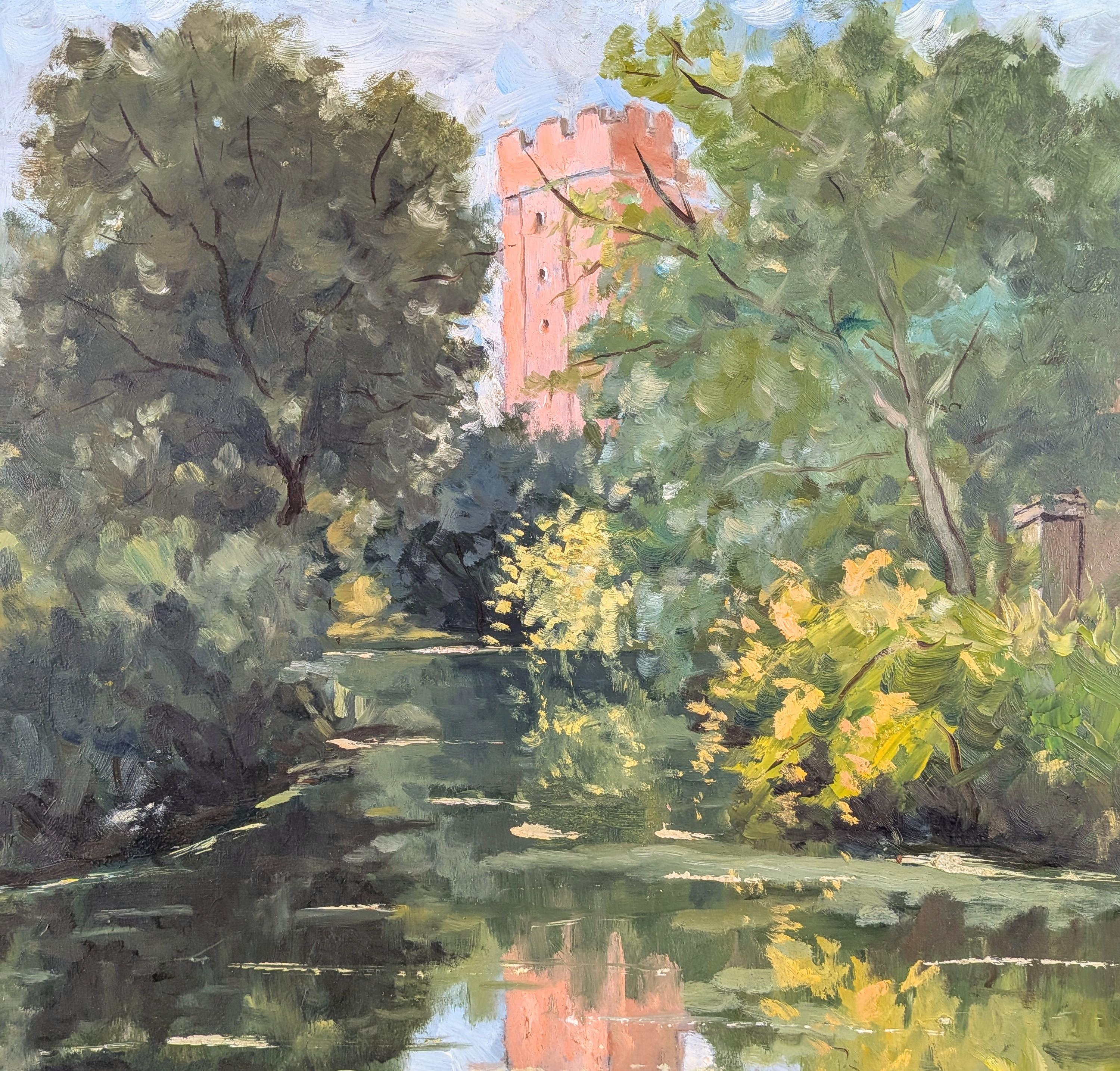 Paysage de rivière Tranquil - Peinture à l'huile française du milieu du 20e siècle - Marron Landscape Painting par Mid 20th Century French School
