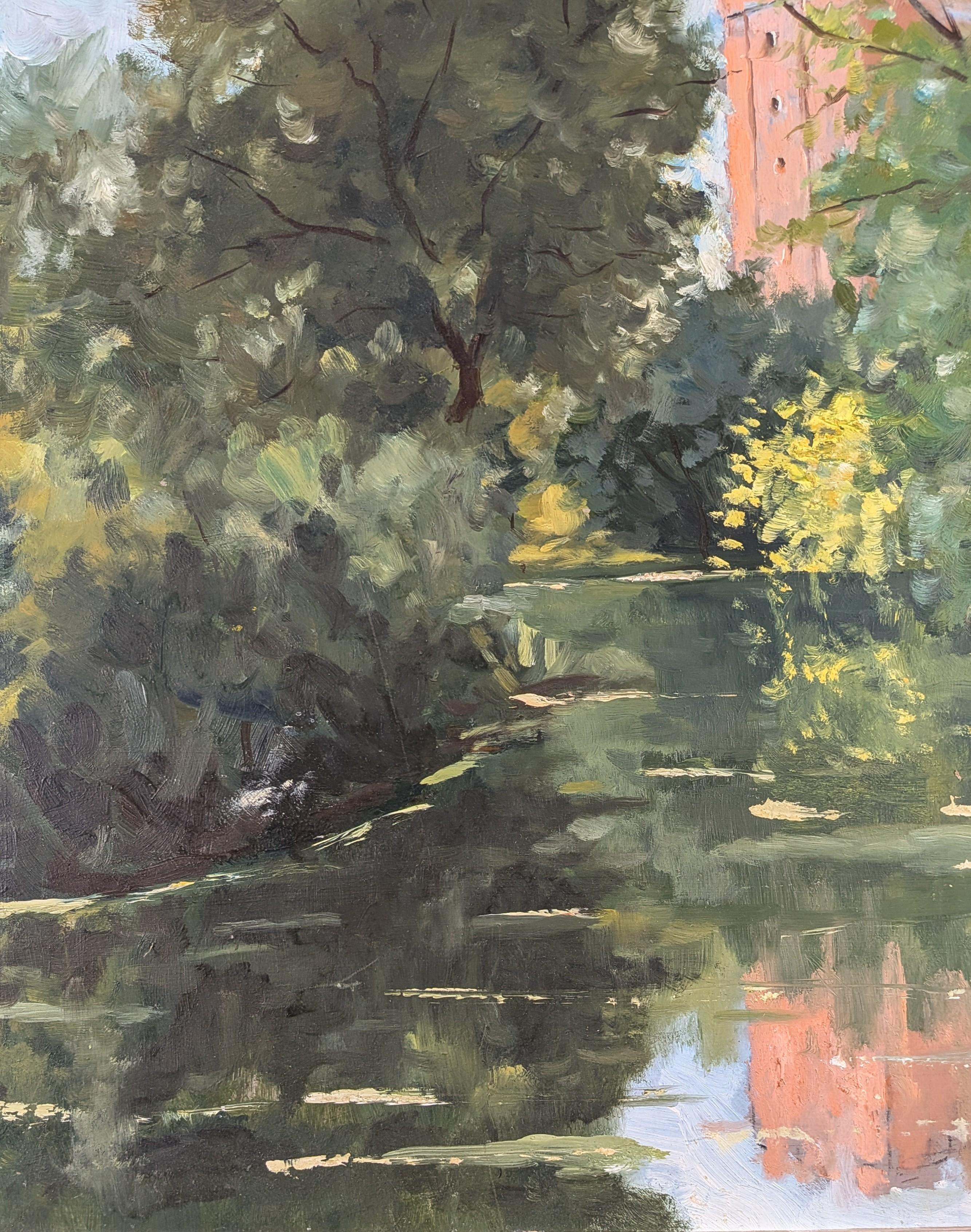 Paysage de rivière Tranquil - Peinture à l'huile française du milieu du 20e siècle en vente 3