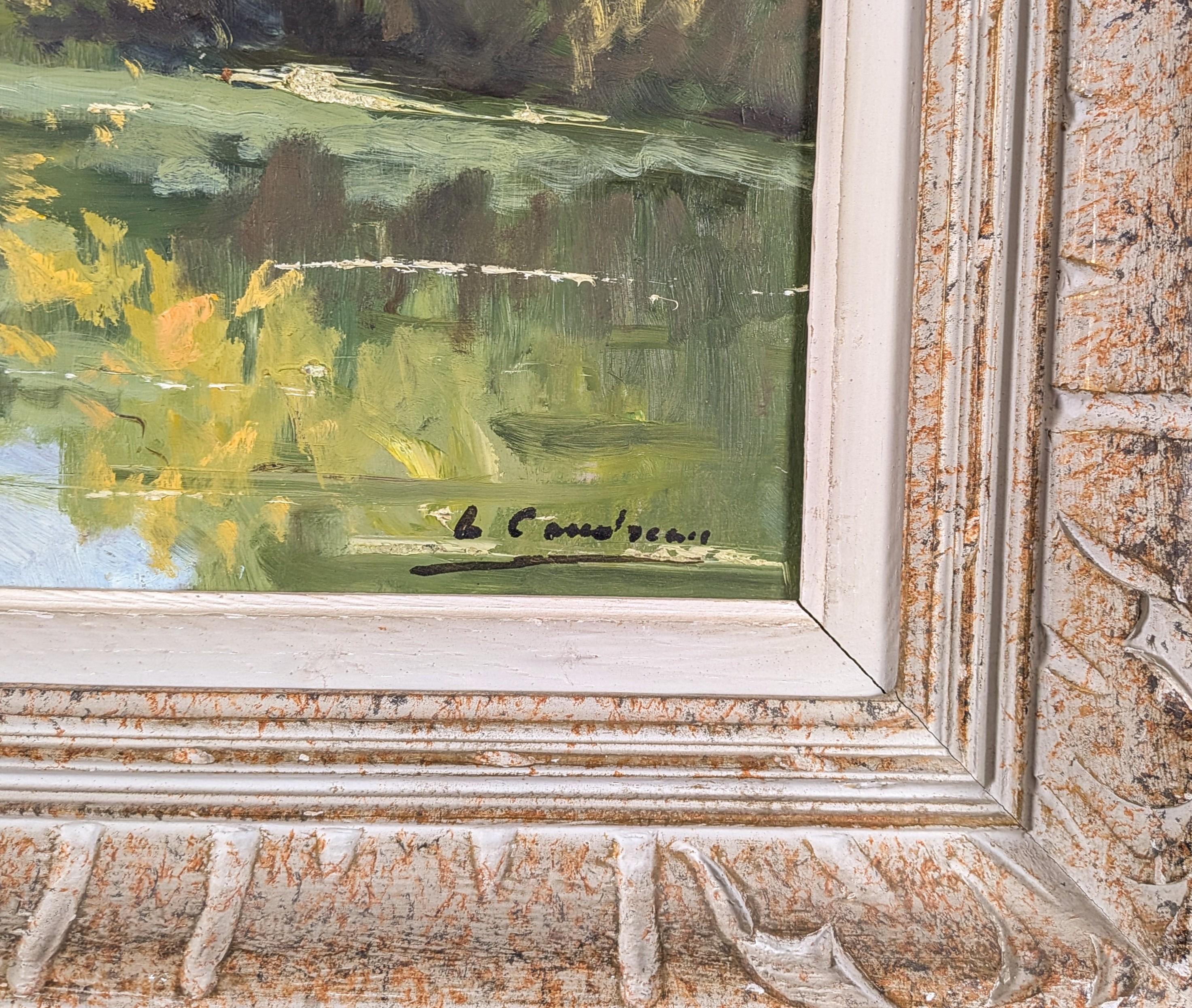 Paysage de rivière Tranquil - Peinture à l'huile française du milieu du 20e siècle en vente 4
