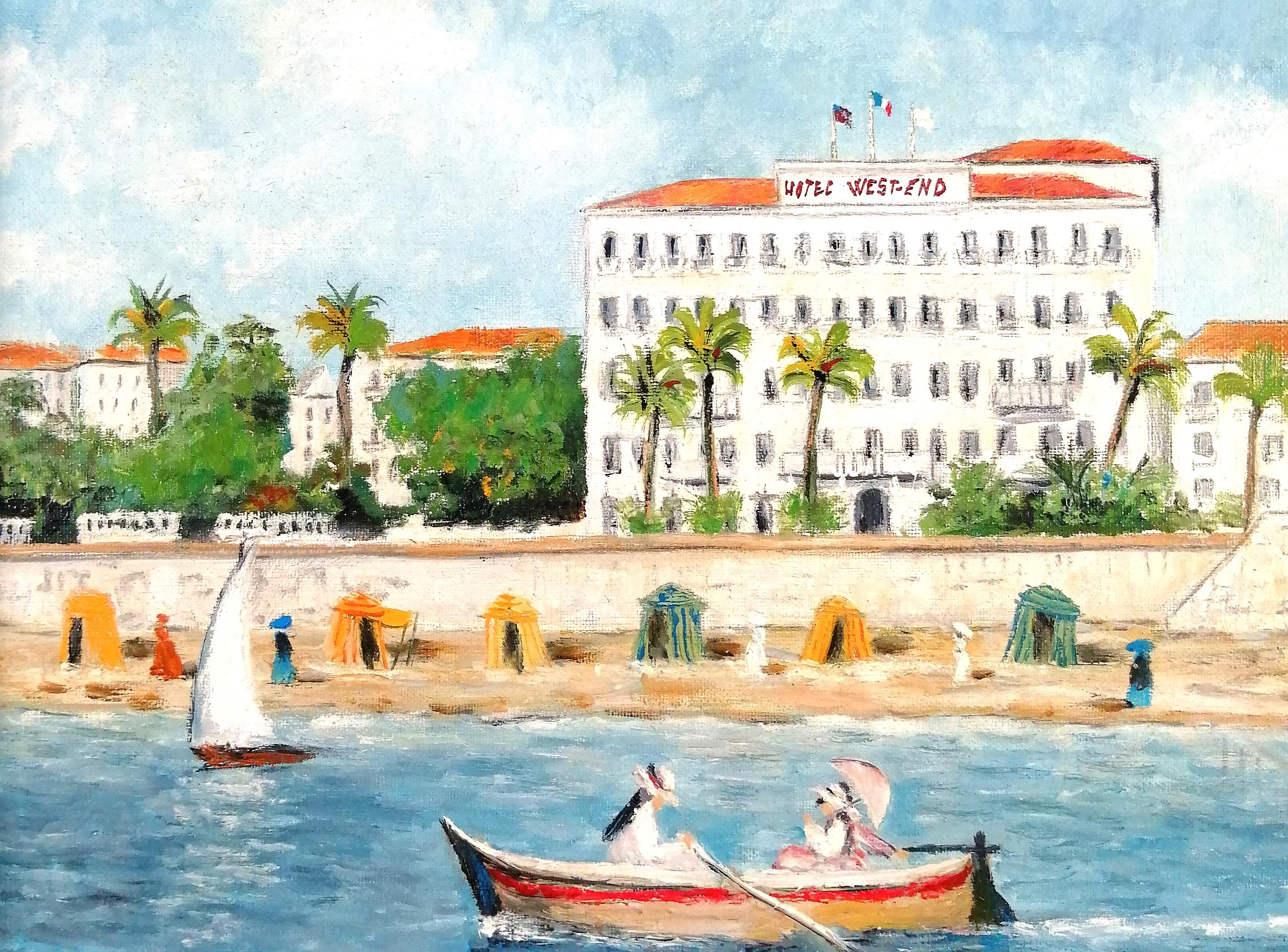 West End Hotel, Nice - Peinture à l'huile de la Côte d'Azur du milieu du 20e siècle - Gris Landscape Painting par Mid 20th Century French School