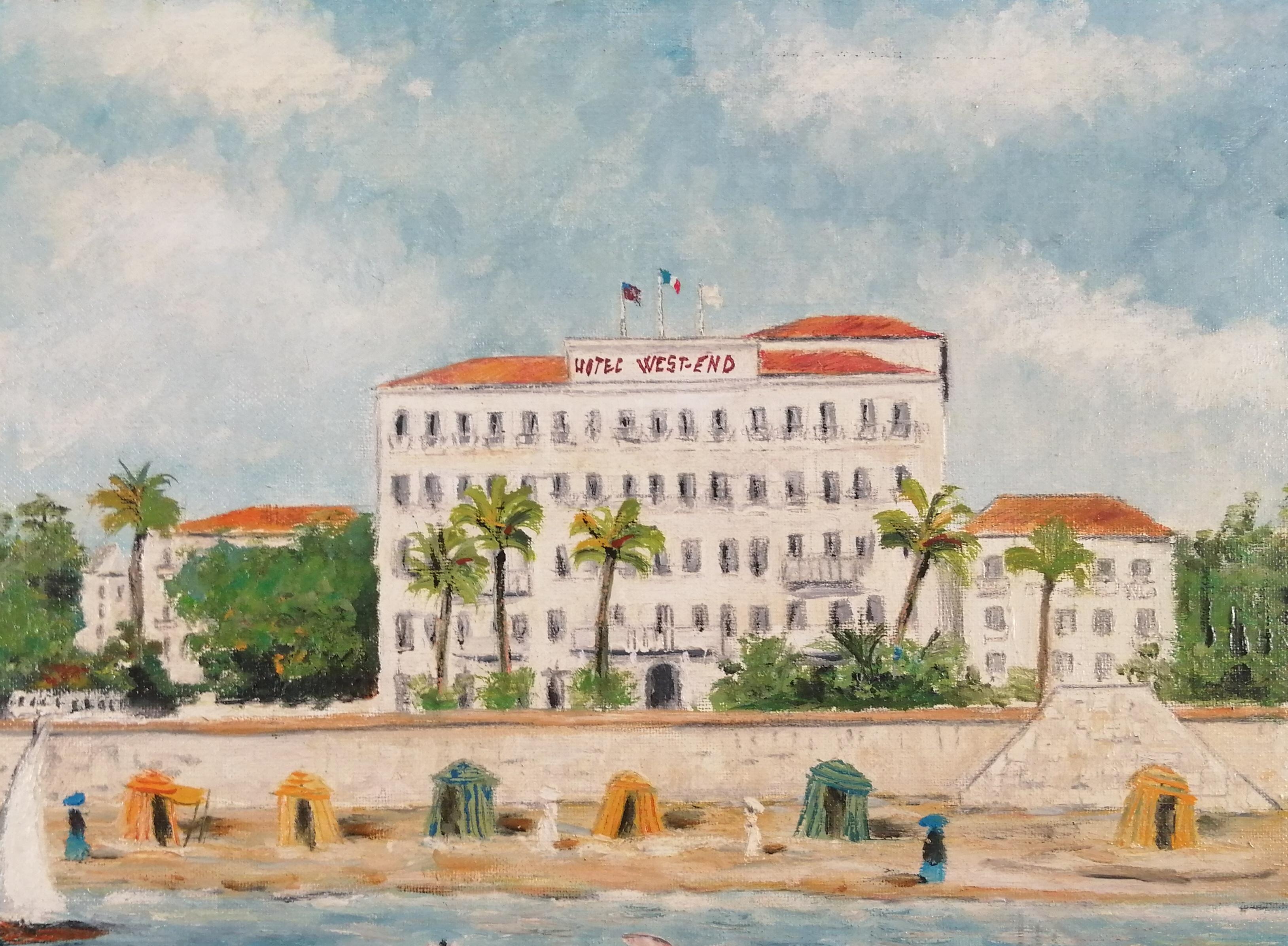 West End Hotel, Nizza - Mitte des 20. Jahrhunderts Französisch Südfrankreich Riviera Ölgemälde (Grau), Landscape Painting, von Mid 20th Century French School
