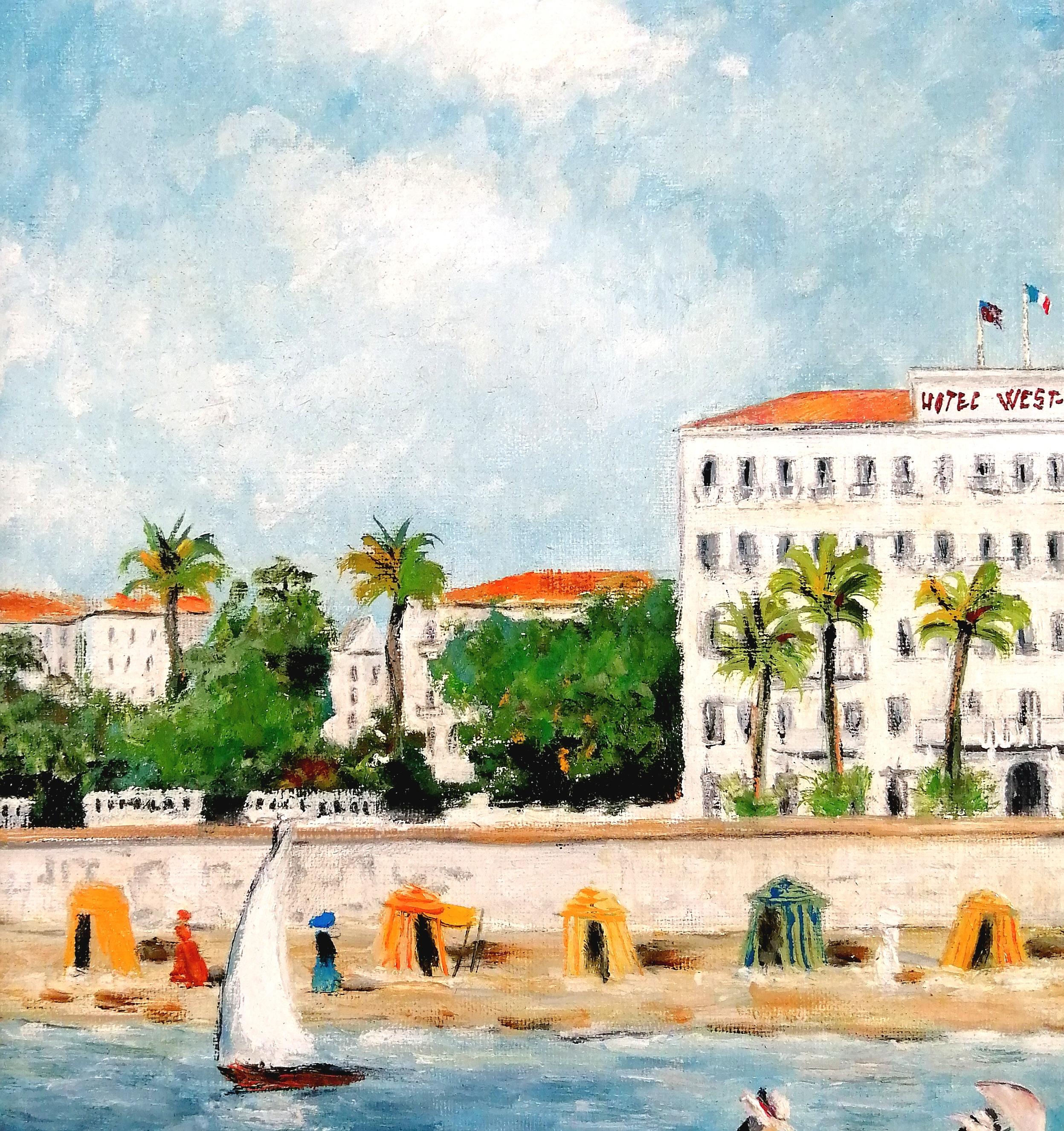 West End Hotel, Nice - Peinture à l'huile de la Côte d'Azur du milieu du 20e siècle en vente 1