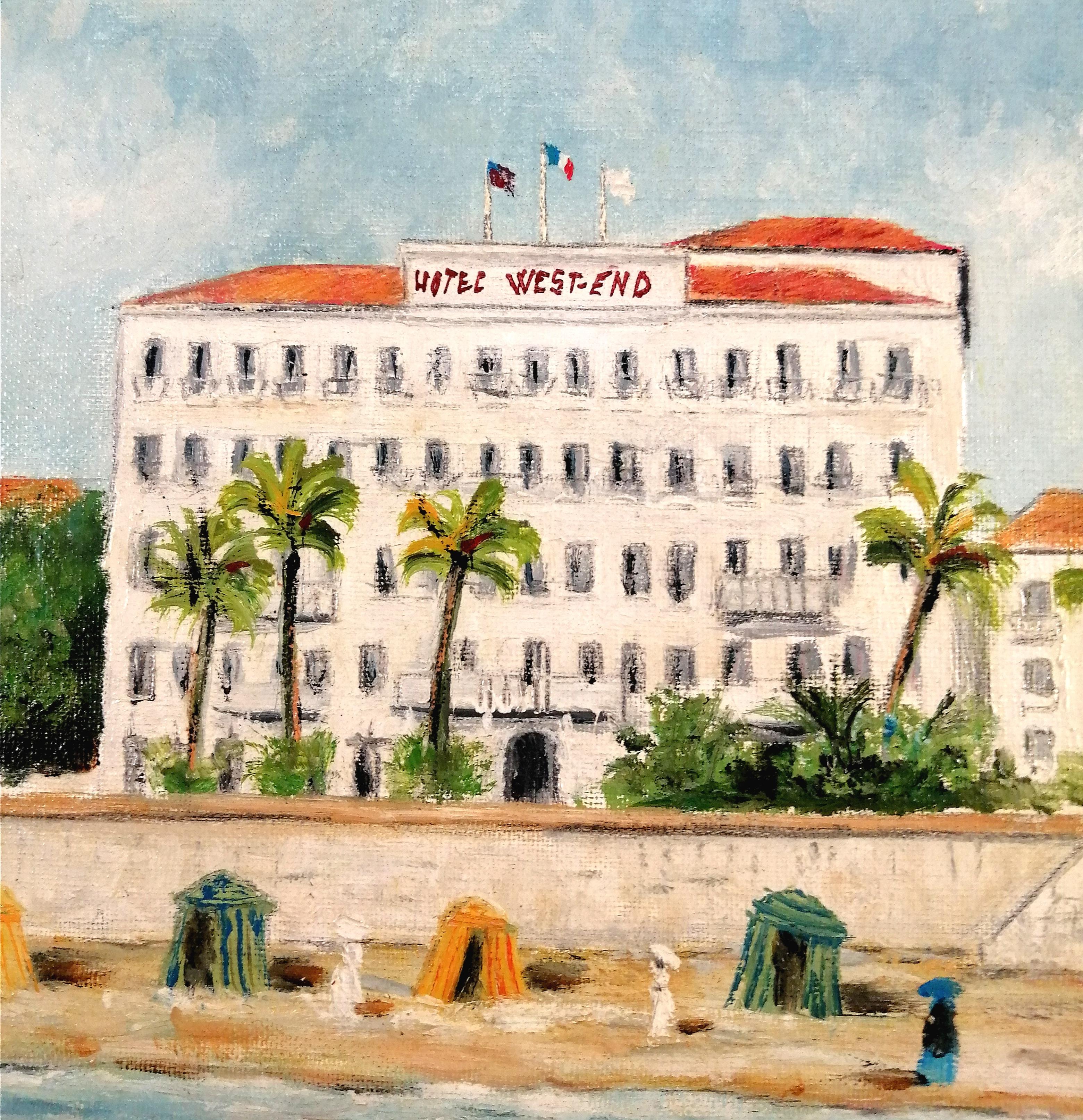 West End Hotel, Nizza - Mitte des 20. Jahrhunderts Französisch Südfrankreich Riviera Ölgemälde im Angebot 2