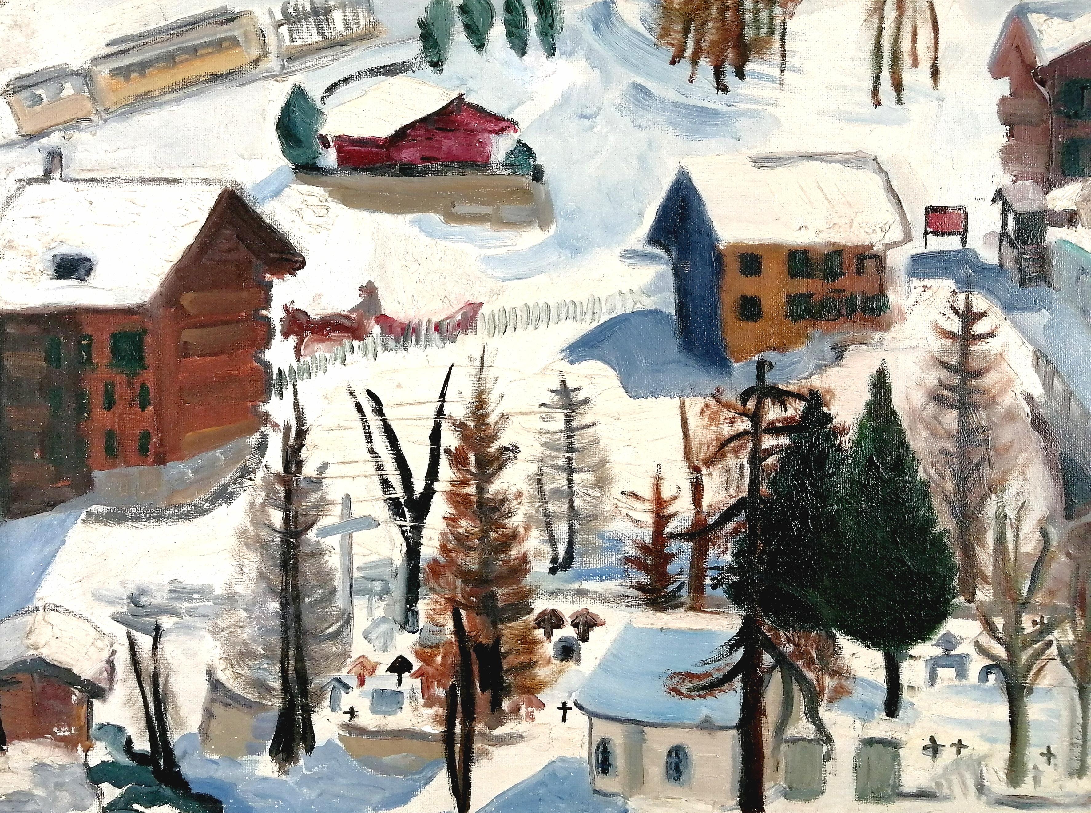 Winterlandschaft - Französisches postimpressionistisches Ölgemälde aus der Mitte des 20. (Beige), Landscape Painting, von Mid 20th Century French School
