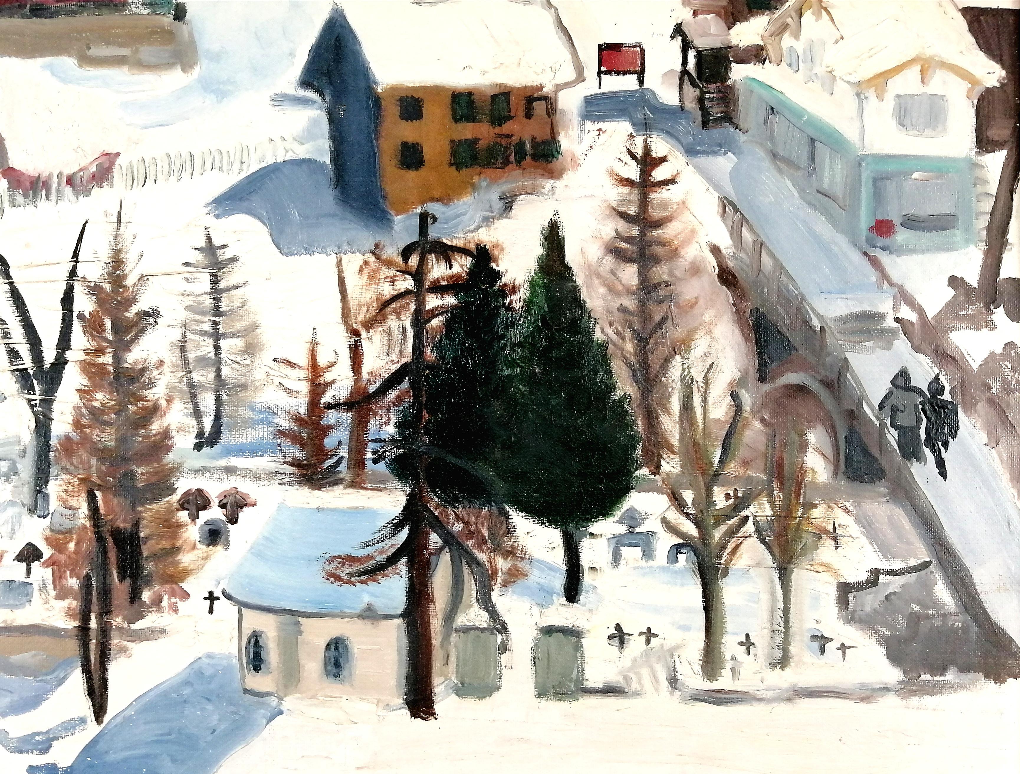 Eine schöne Mitte des 20. Jahrhunderts Französisch post-impressionistischen Öl auf Leinwand zeigt eine Winterlandschaft mit Figuren auf einem Weg. 

Ausgezeichnete Qualitätsarbeit in sehr gutem Zustand. Präsentiert in seinem originalen, bemalten