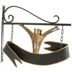 Mid-20th Century French Sign with Crown and Banner on Wrought Iron Bracket