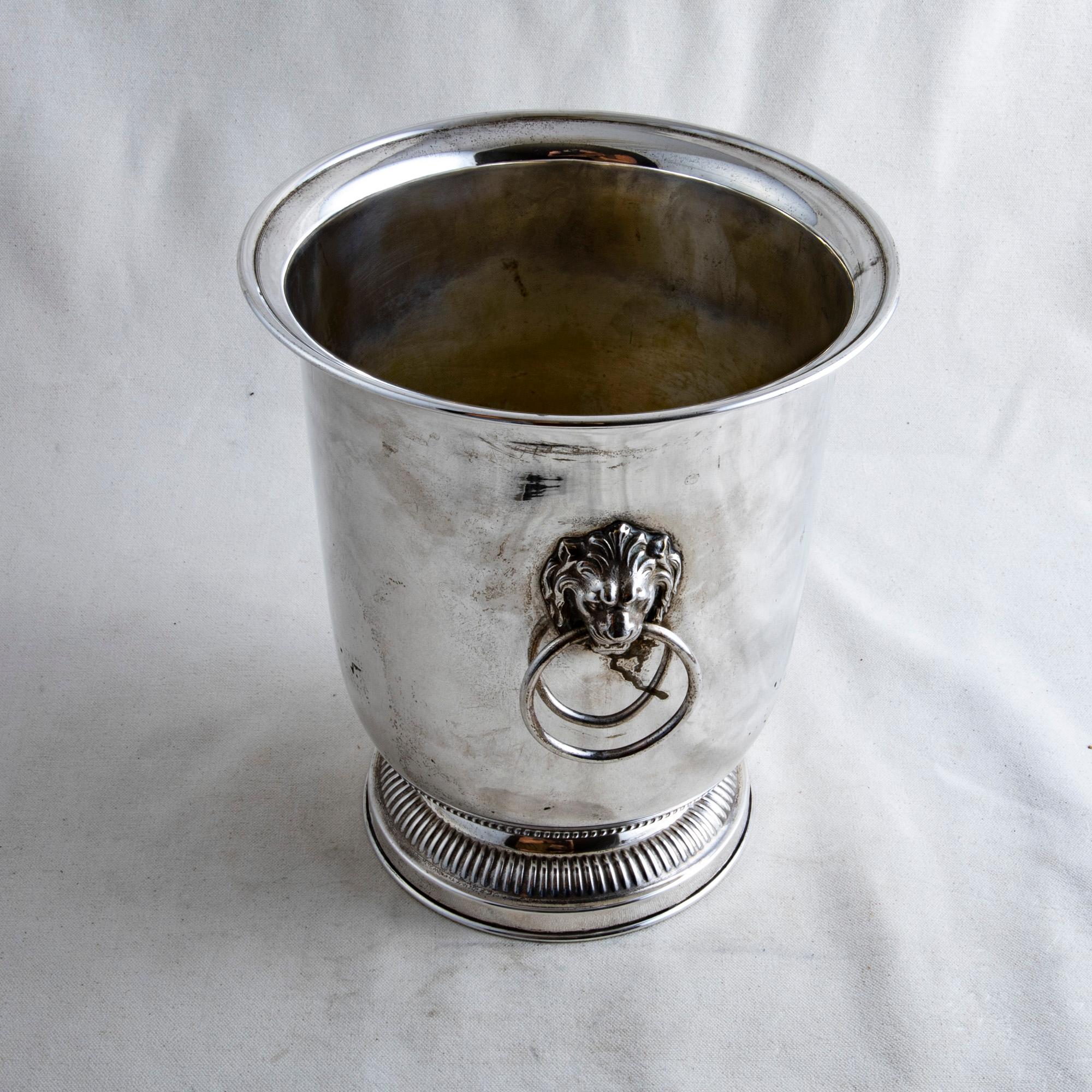 Mid-20th Century French Silver Plate Champagne Bucket with Lion Head Handles In Good Condition In Fayetteville, AR