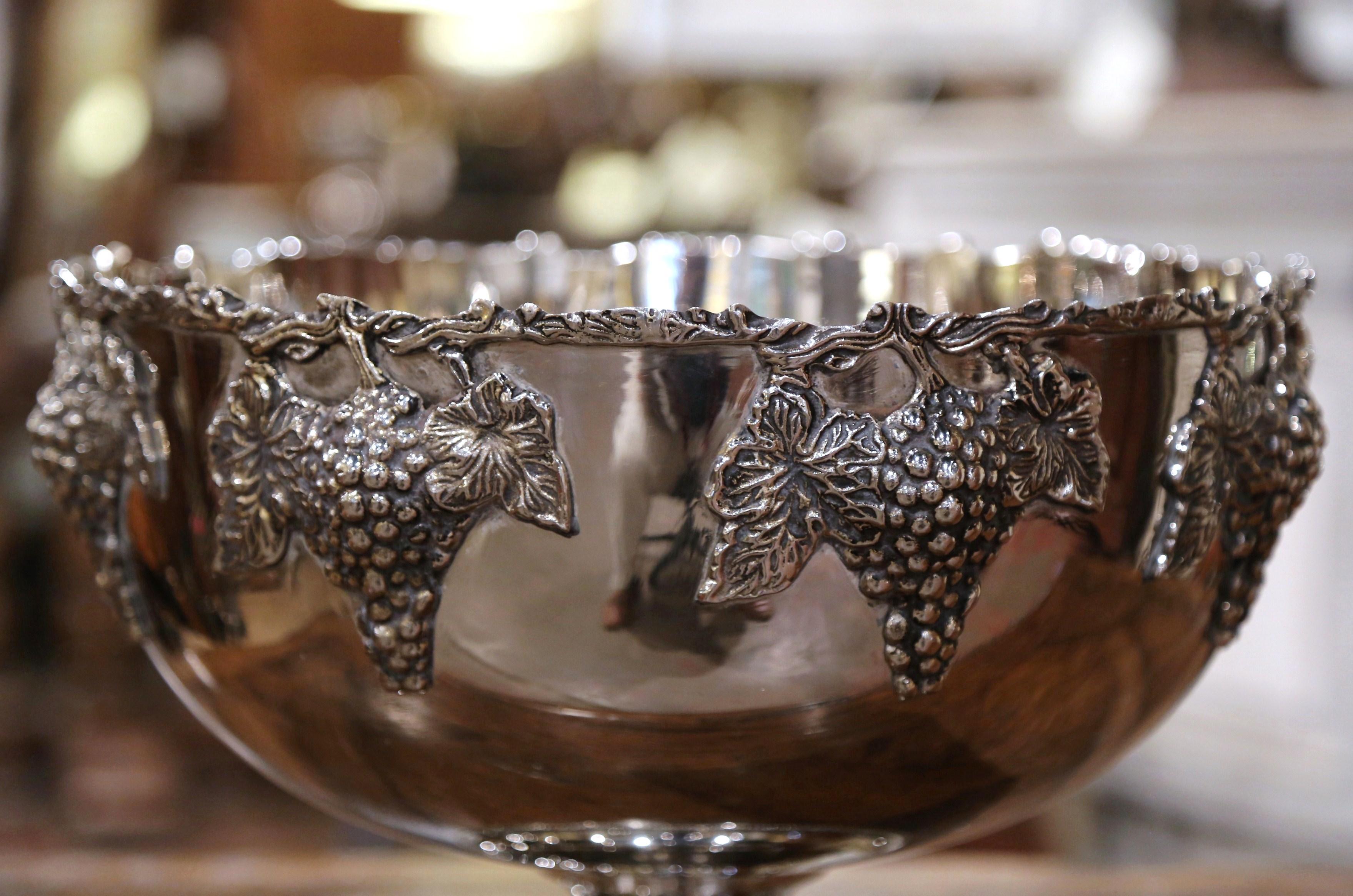 Hand-Crafted Mid-20th Century French Silver Plated Wine Cooler Bowl with Grape and Vine Decor
