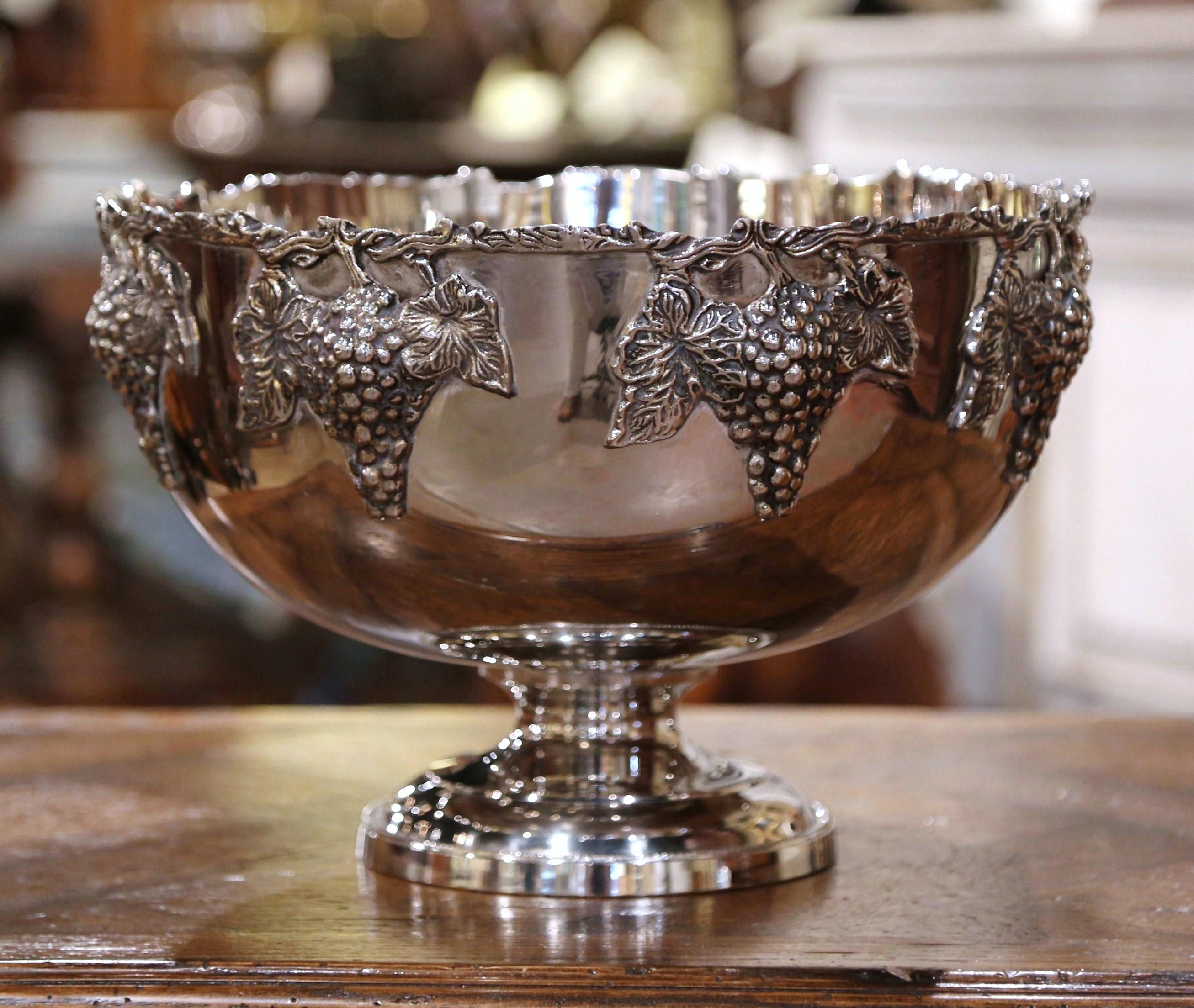 Mid-20th Century French Silver Plated Wine Cooler Bowl with Grape and Vine Decor In Excellent Condition In Dallas, TX