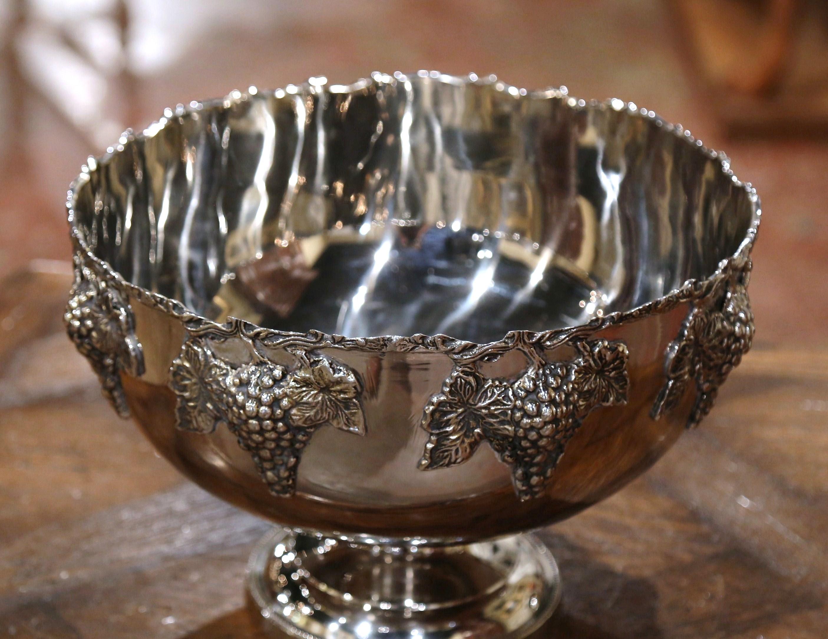 Metal Mid-20th Century French Silver Plated Wine Cooler Bowl with Grape and Vine Decor