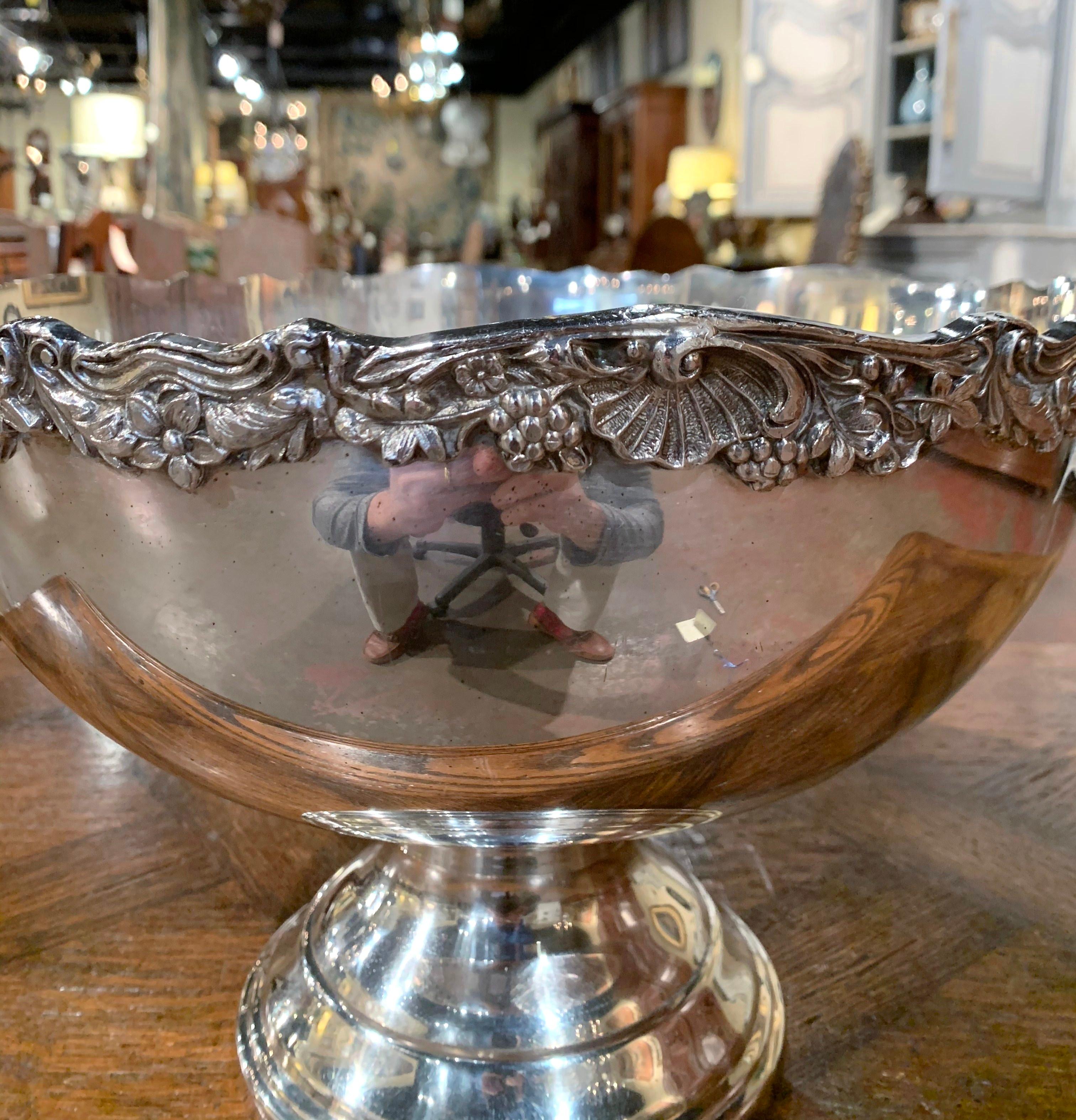 Silvered Mid-20th Century French Silver Plated Wine Cooler Bowl with Grape & Floral Decor