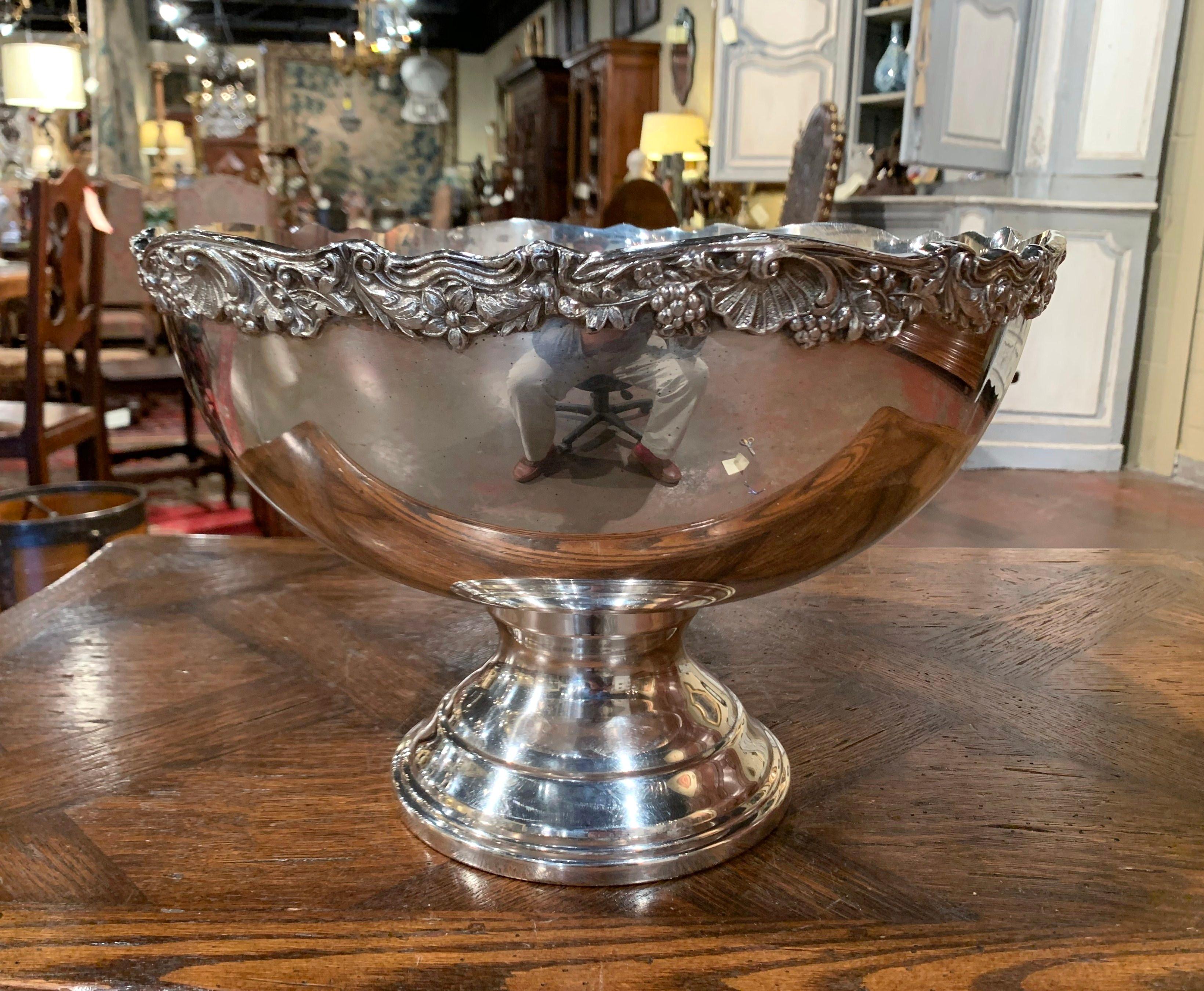 Mid-20th Century French Silver Plated Wine Cooler Bowl with Grape & Floral Decor In Excellent Condition In Dallas, TX