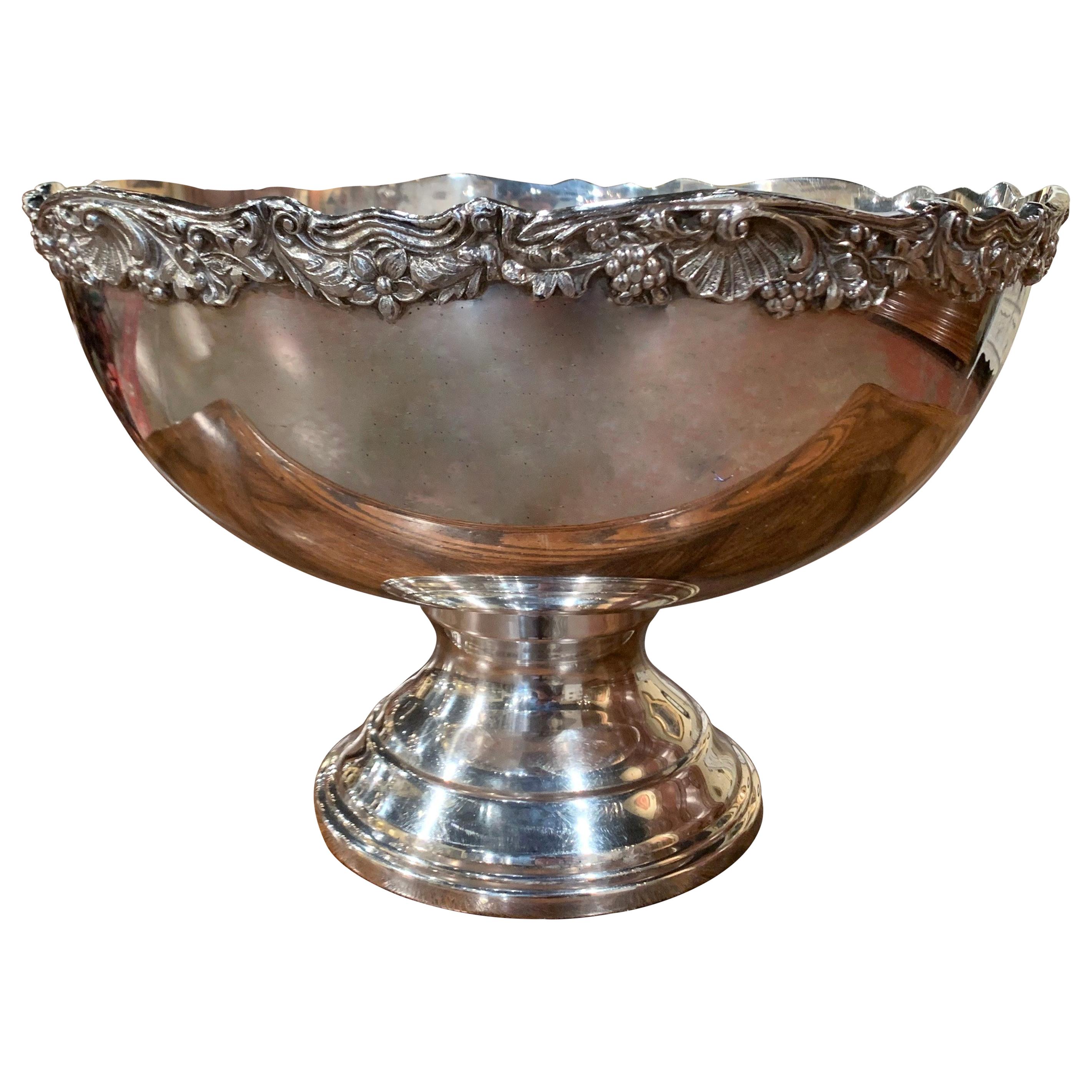 Mid-20th Century French Silver Plated Wine Cooler Bowl with Grape & Floral Decor