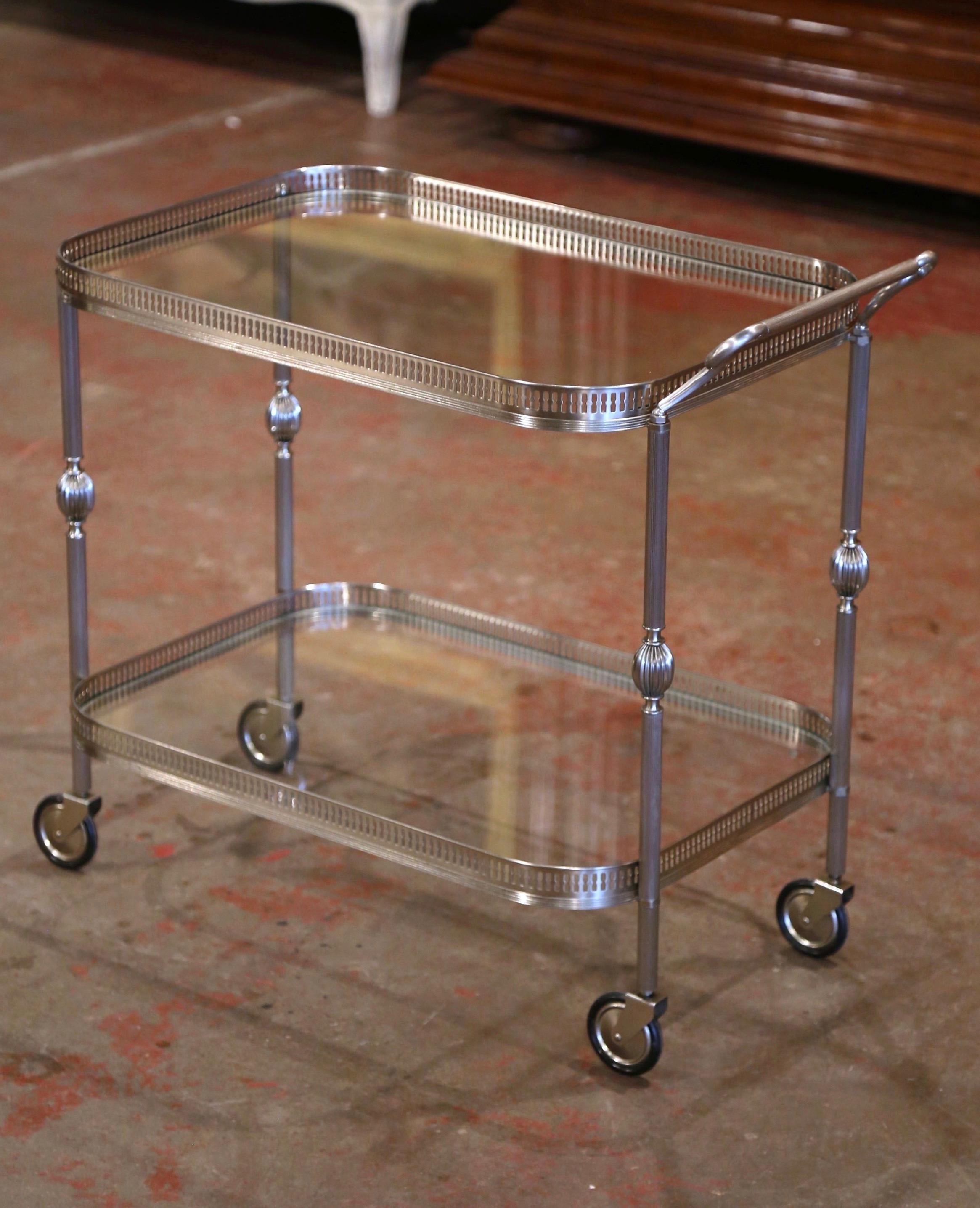 Art Deco Mid-20th Century French Silvered and Glass Desert Table or Bar Cart on Wheels