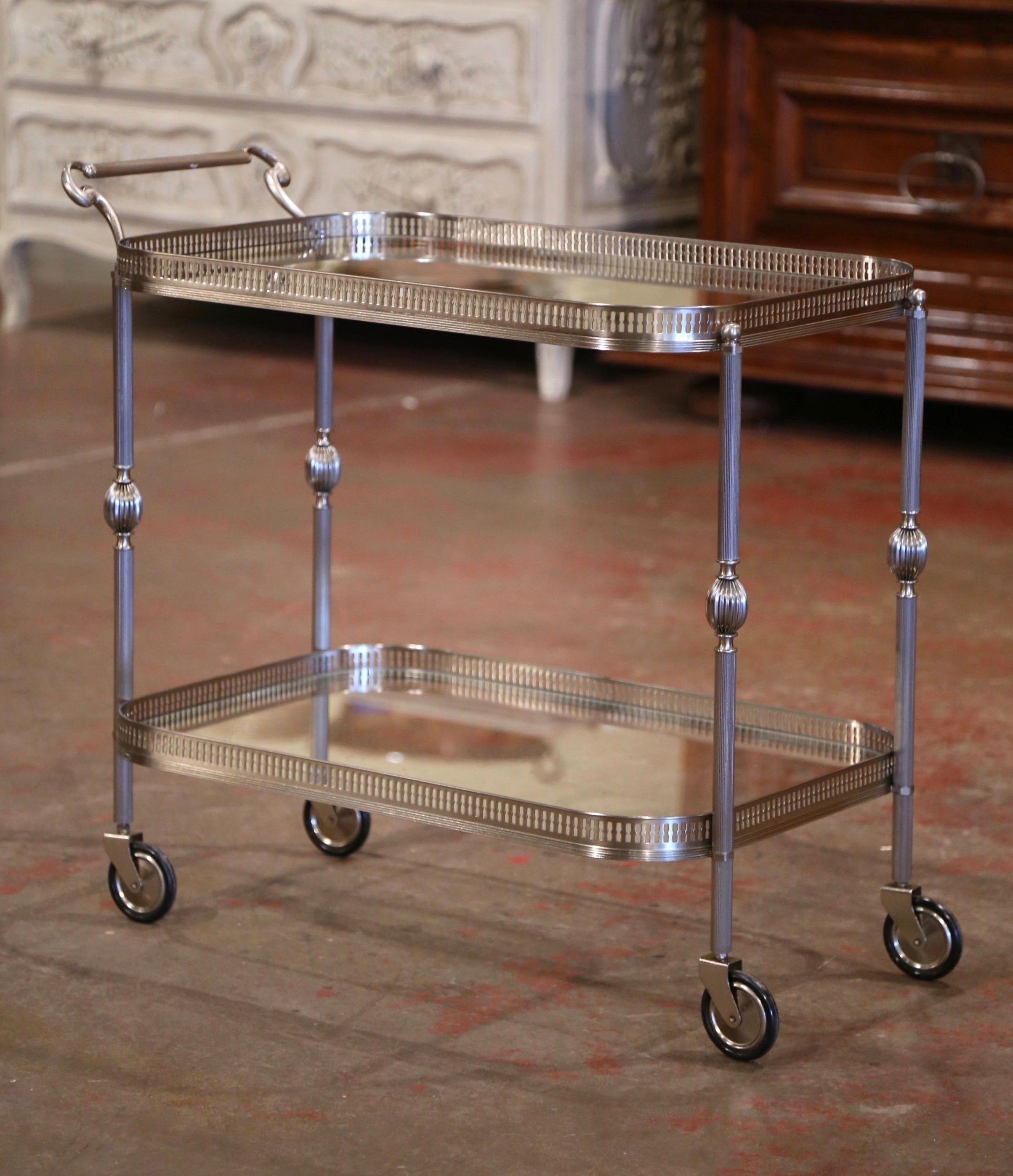 Hand-Crafted Mid-20th Century French Silvered and Glass Desert Table or Bar Cart on Wheels