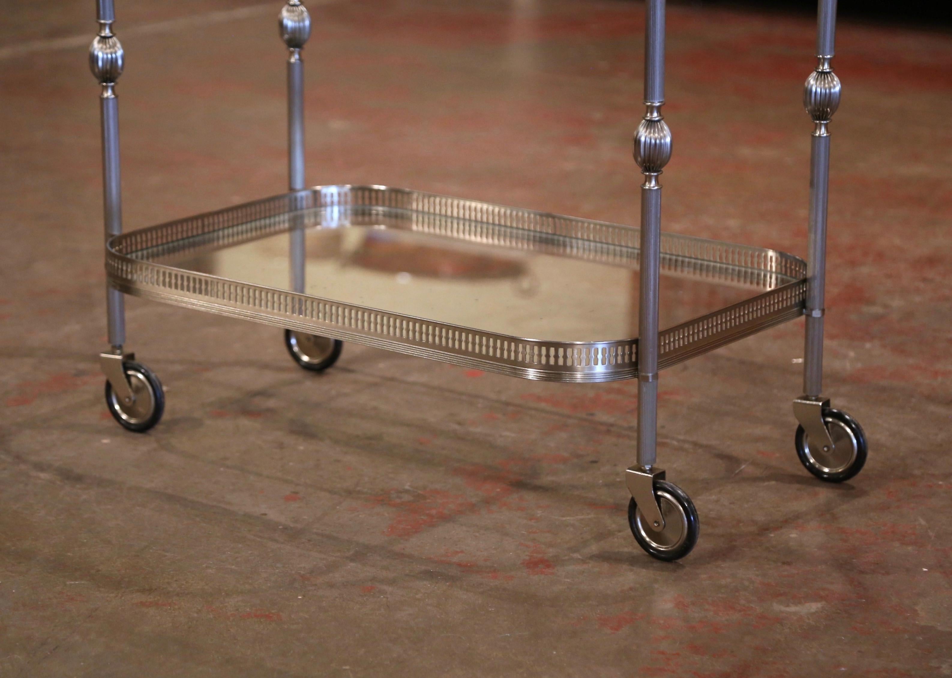 Mid-20th Century French Silvered and Glass Desert Table or Bar Cart on Wheels In Excellent Condition In Dallas, TX
