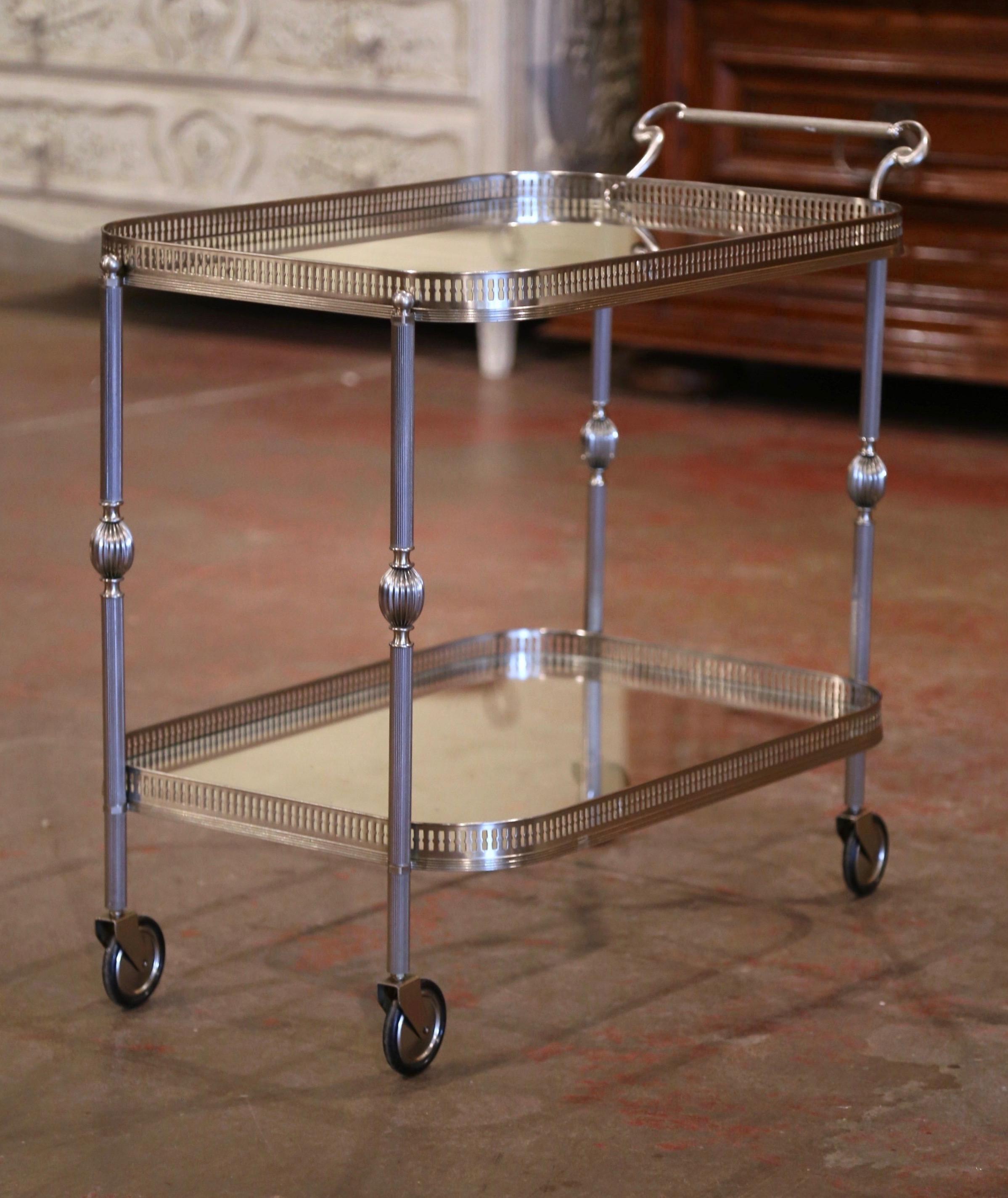 Metal Mid-20th Century French Silvered and Glass Desert Table or Bar Cart on Wheels