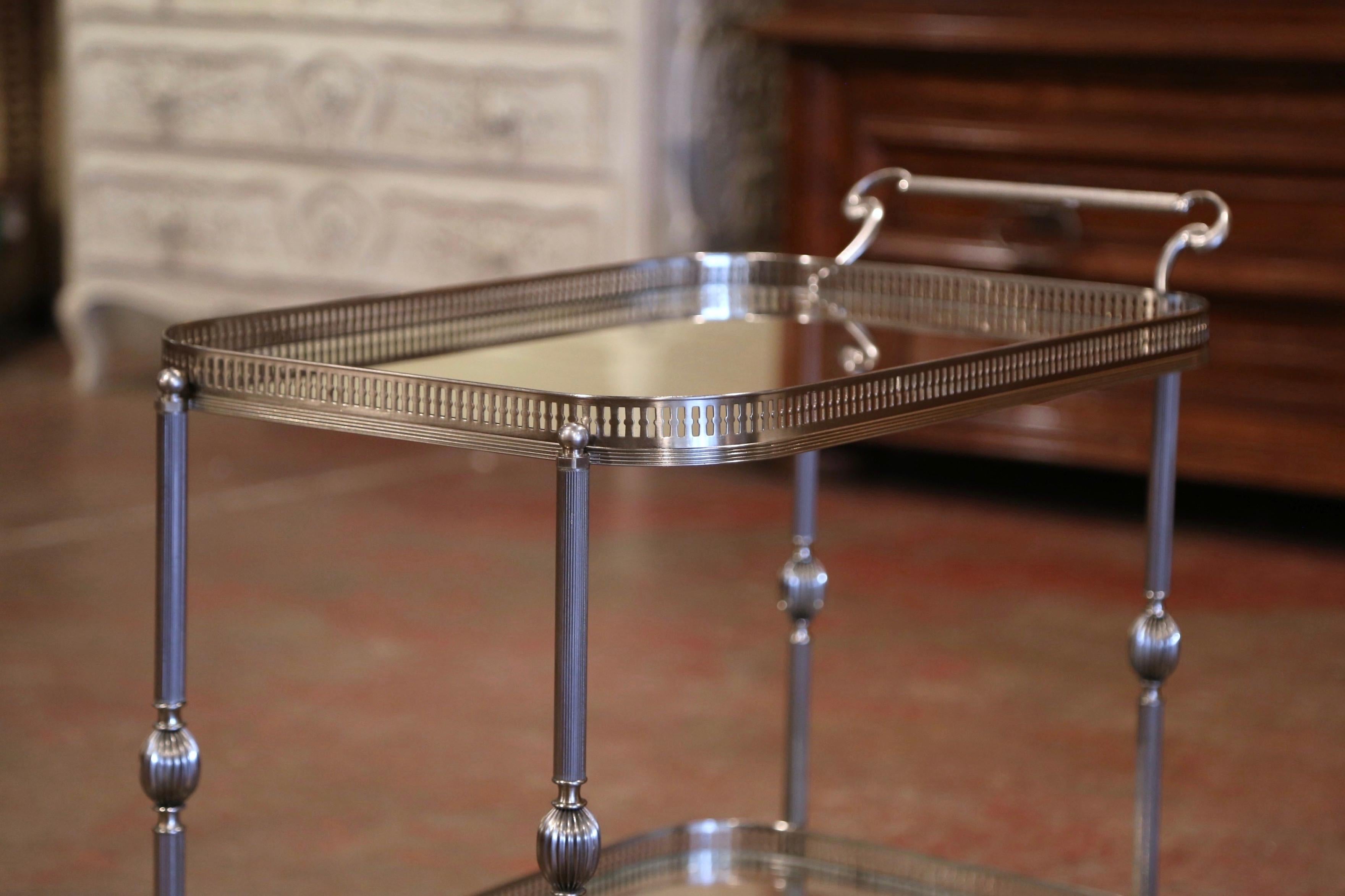 Mid-20th Century French Silvered and Glass Desert Table or Bar Cart on Wheels 1