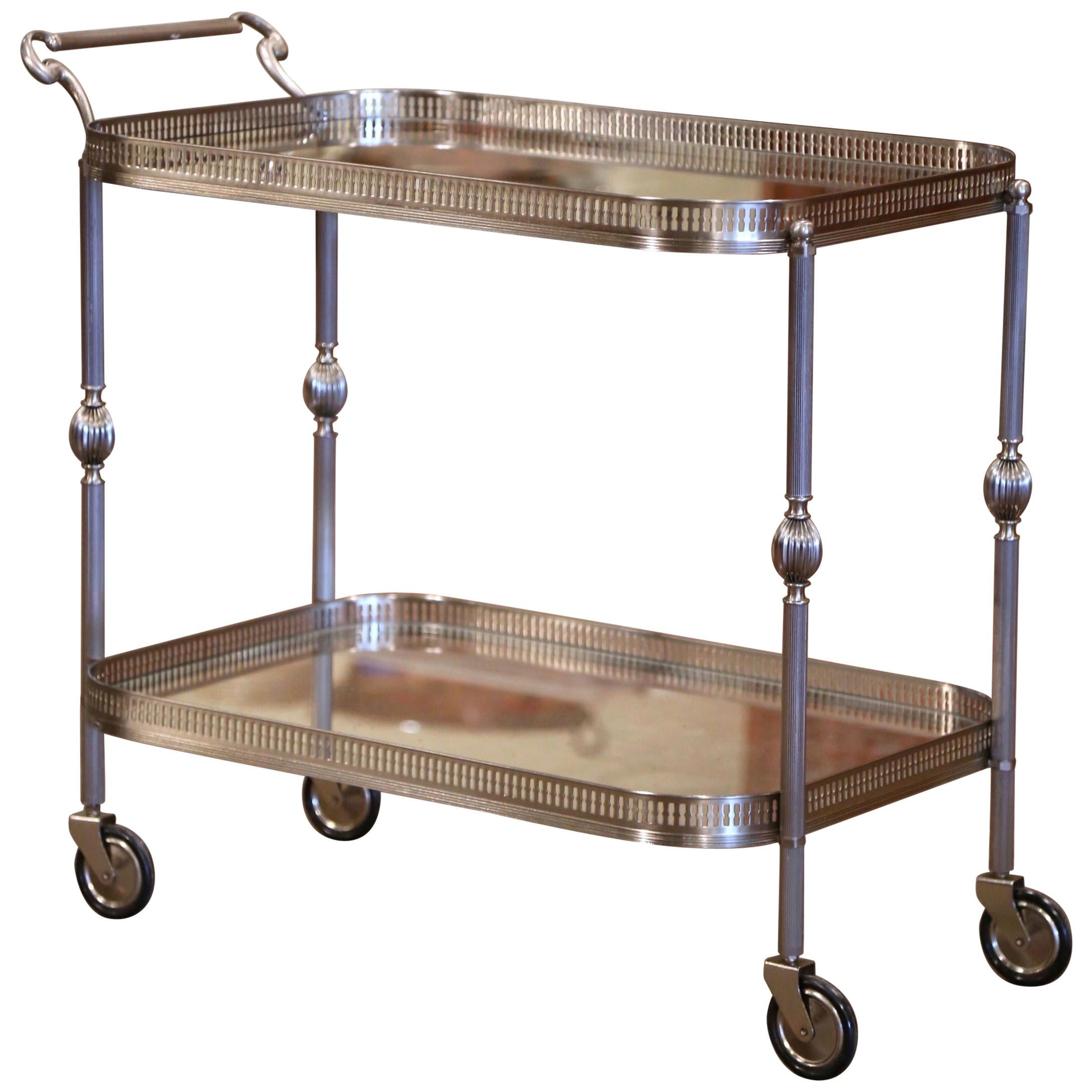 Mid-20th Century French Silvered and Glass Desert Table or Bar Cart on Wheels