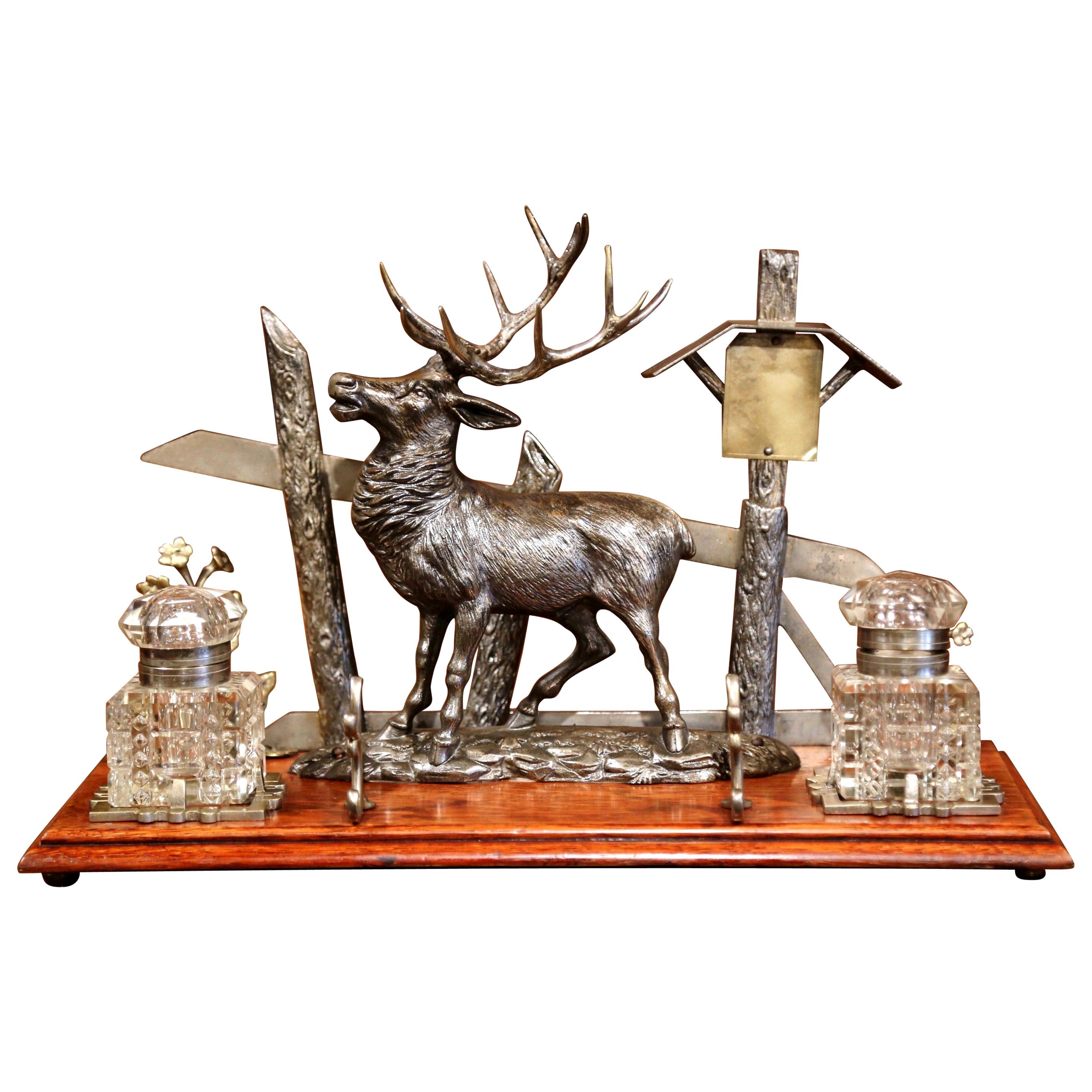 Mid-20th Century French Spelter and Cut Glass Inkwell with Deer Sculpture