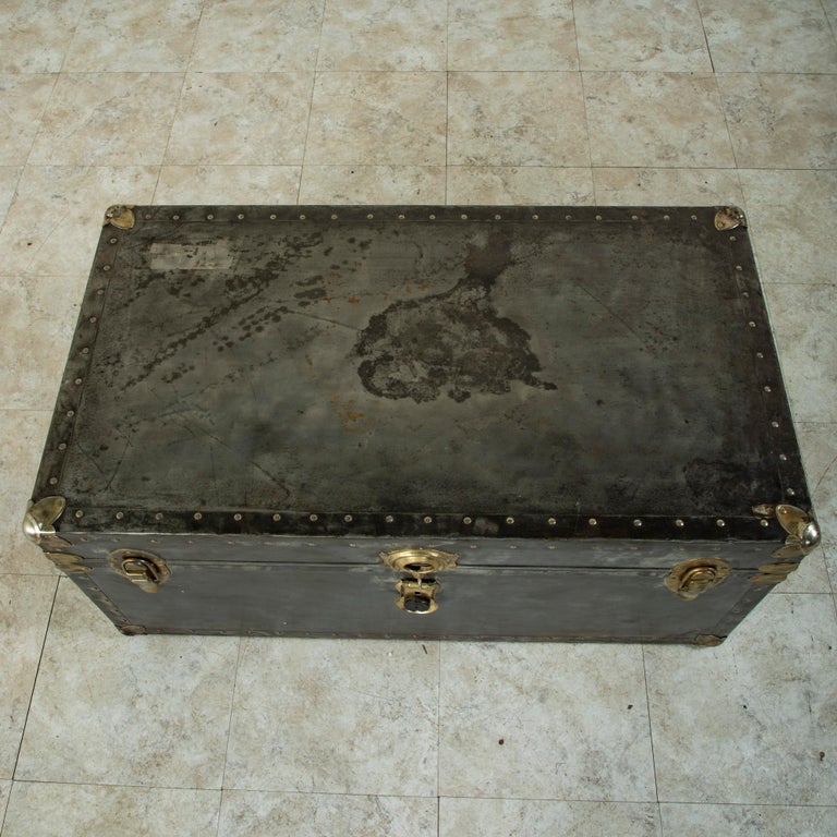 Mid-20th Century French Steel and Chrome Trunk with Brass Details, Pine Interior For Sale 7