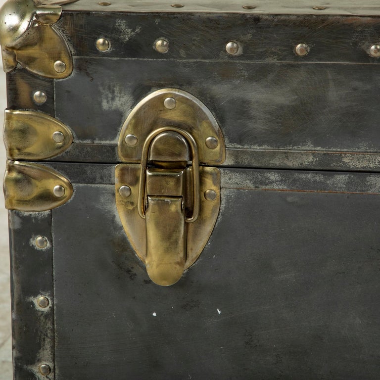 Mid-20th Century French Steel and Chrome Trunk with Brass Details, Pine Interior For Sale 9