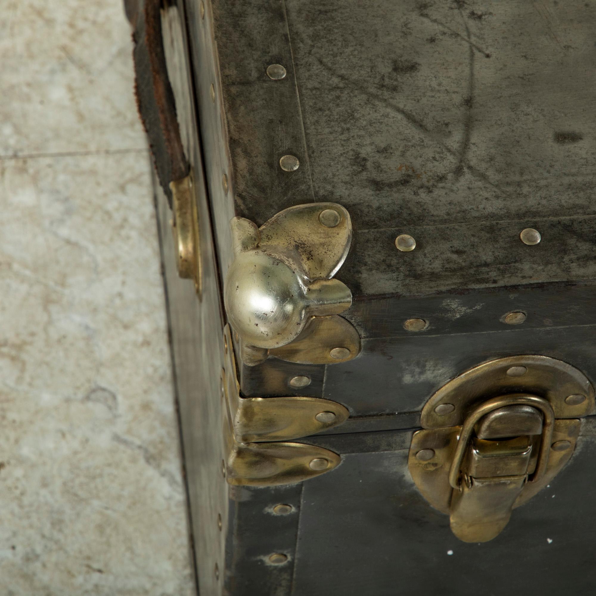 Mid-20th Century French Steel and Chrome Trunk with Brass Details, Pine Interior 10