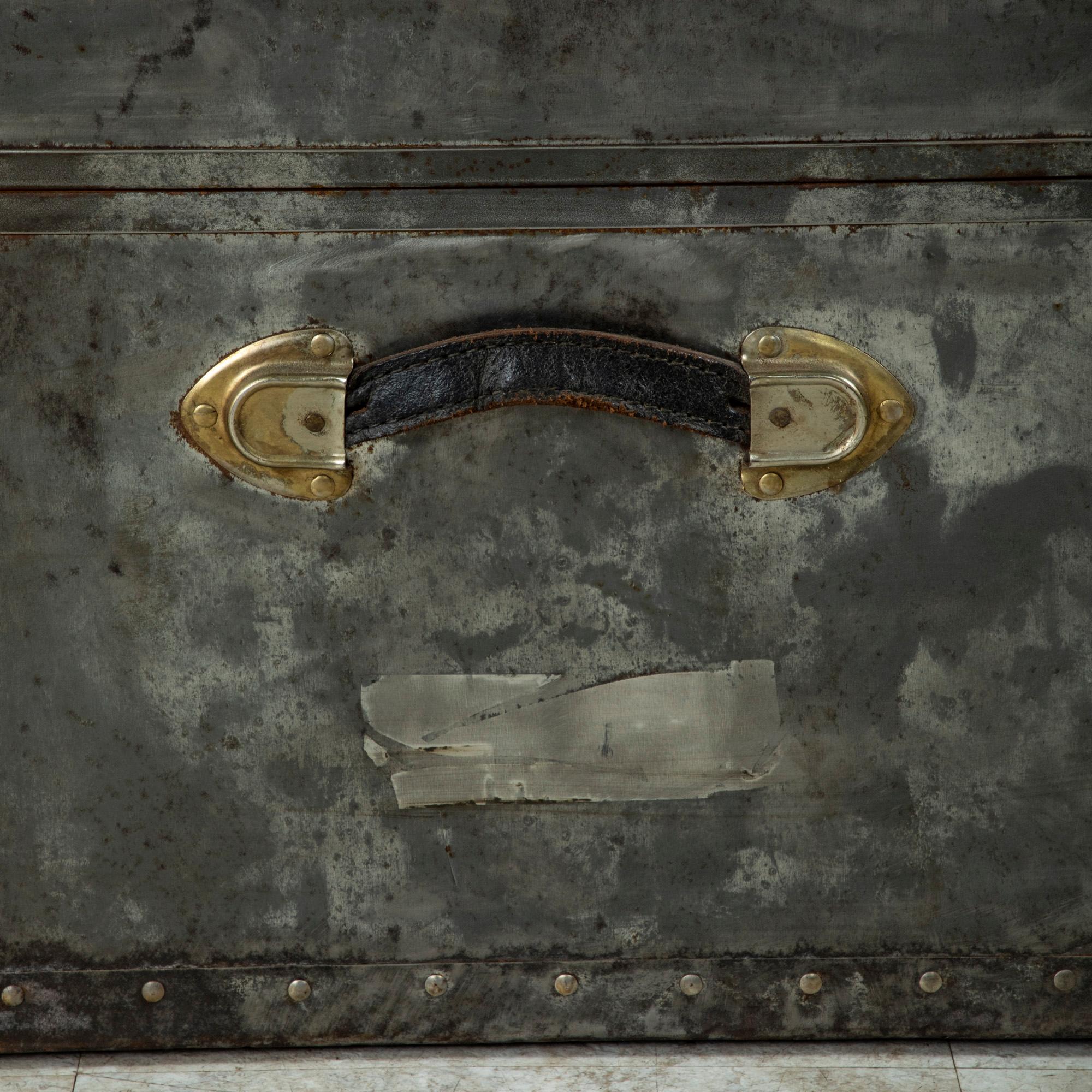 Mid-20th Century French Steel and Chrome Trunk with Brass Details, Pine Interior 11